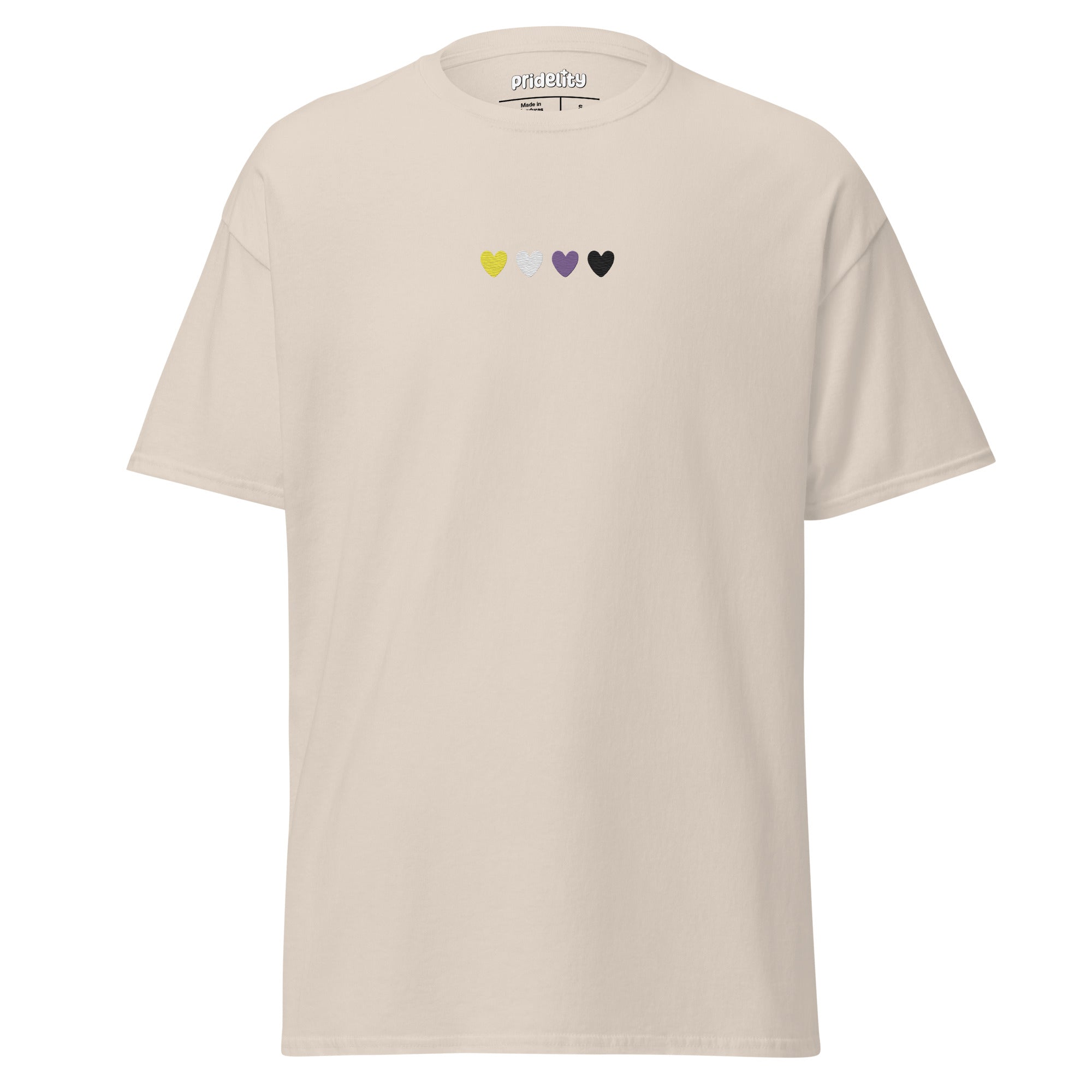 Introducing the Nonbinary Love T-Shirt by Pridelity, a stylish Azalea shirt adorned with a small row of four hearts on the chest. The hearts come in yellow, light pink, dark pink, and black hues to symbolize inclusivity.