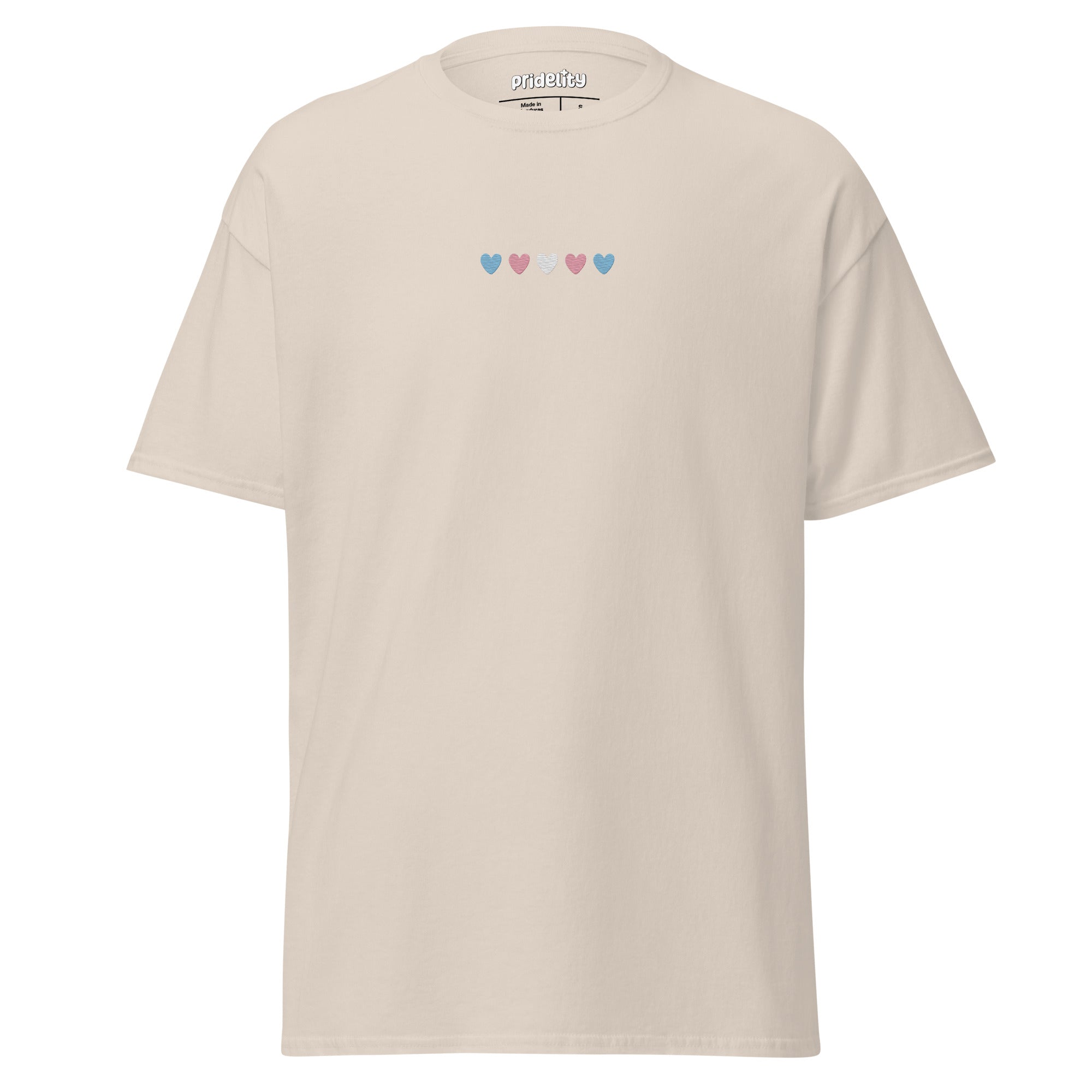 The Trans Love T-Shirt by Pridelity is a light blue pride shirt adorned with a row of small hearts in pink, blue, and red across the chest.