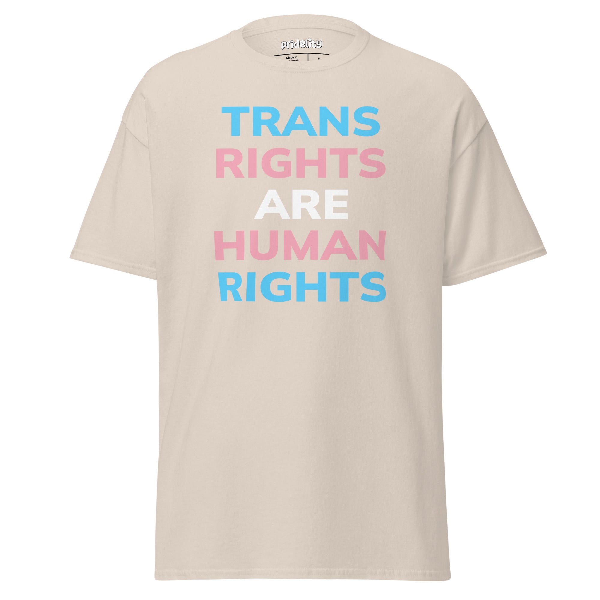 A Pridelity Trans Rights T-Shirt in black, featuring the phrase 