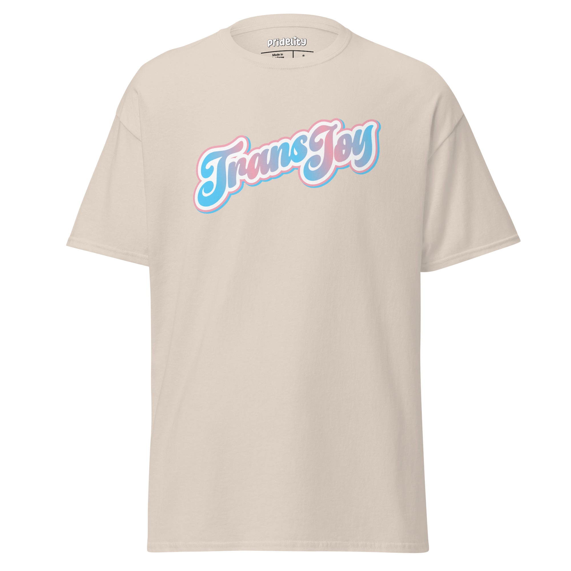 A light blue Pridelity T-shirt, named the Trans Joy T-Shirt, showcases the phrase 