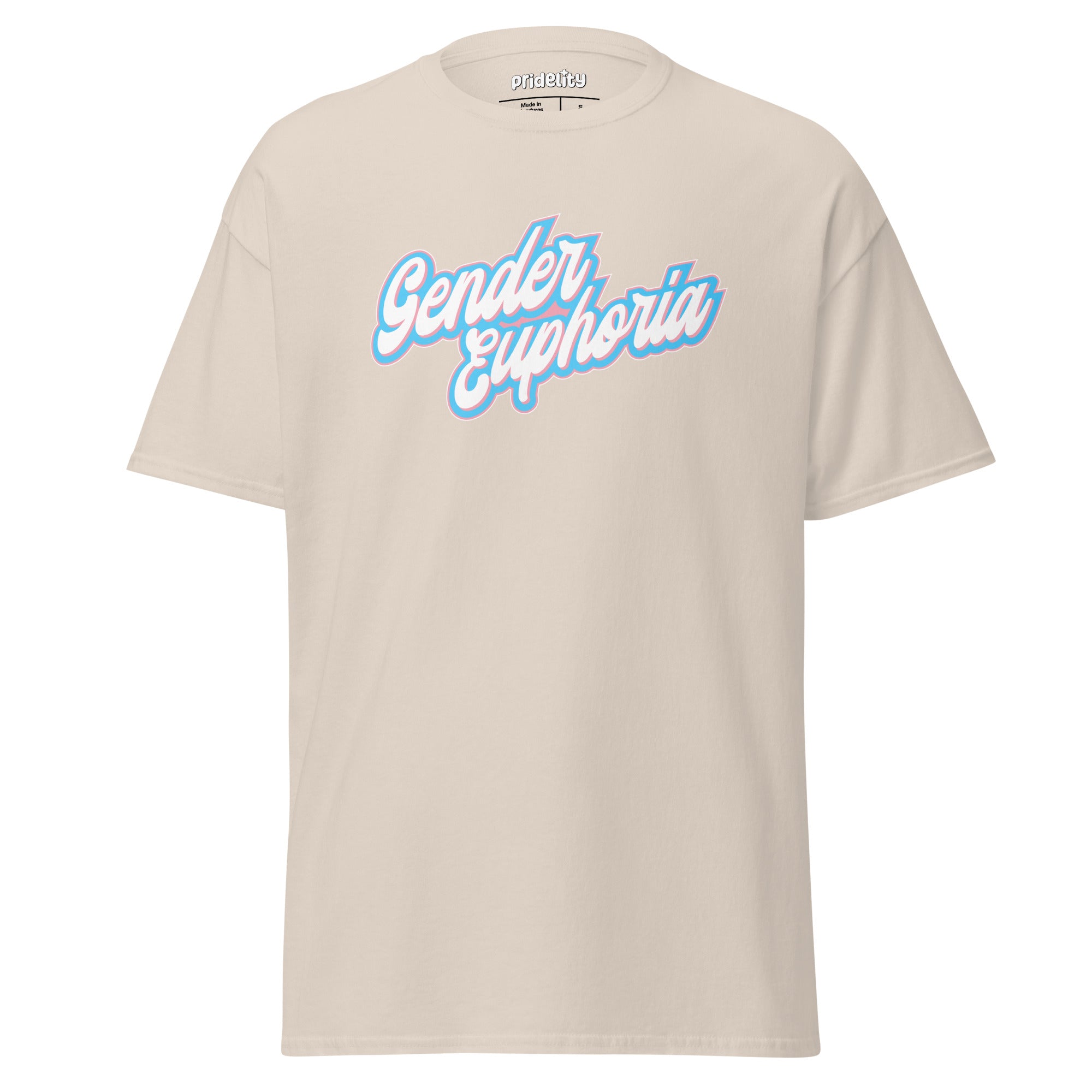 Light blue Pridelity T-shirt from our exclusive pride collection, featuring 