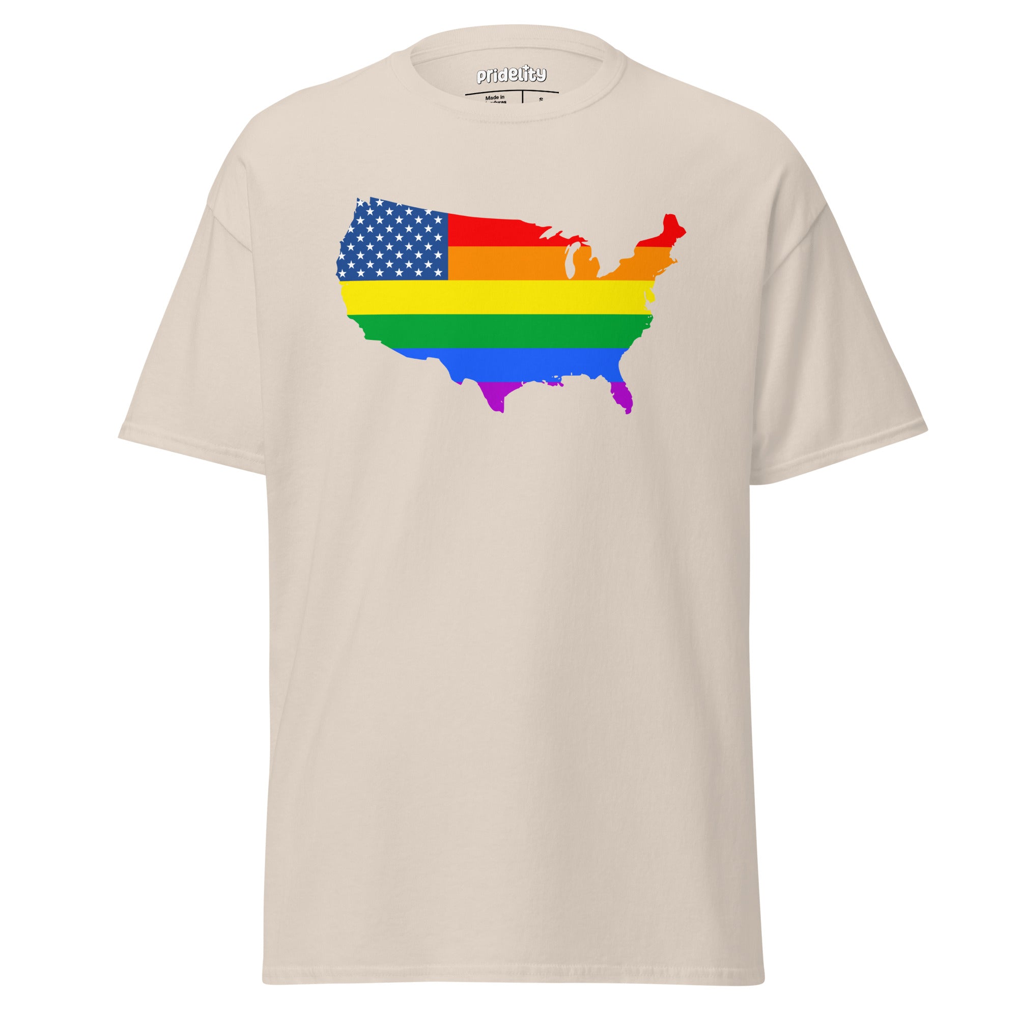 The US Map Pride T-Shirt by Pridelity features a graphic of the United States map, skillfully combining the American flag with vibrant rainbow colors to represent unity and diversity. This T-shirt comes in white.