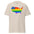 The US Map Pride T-Shirt by Pridelity features a graphic of the United States map, skillfully combining the American flag with vibrant rainbow colors to represent unity and diversity. This T-shirt comes in white.