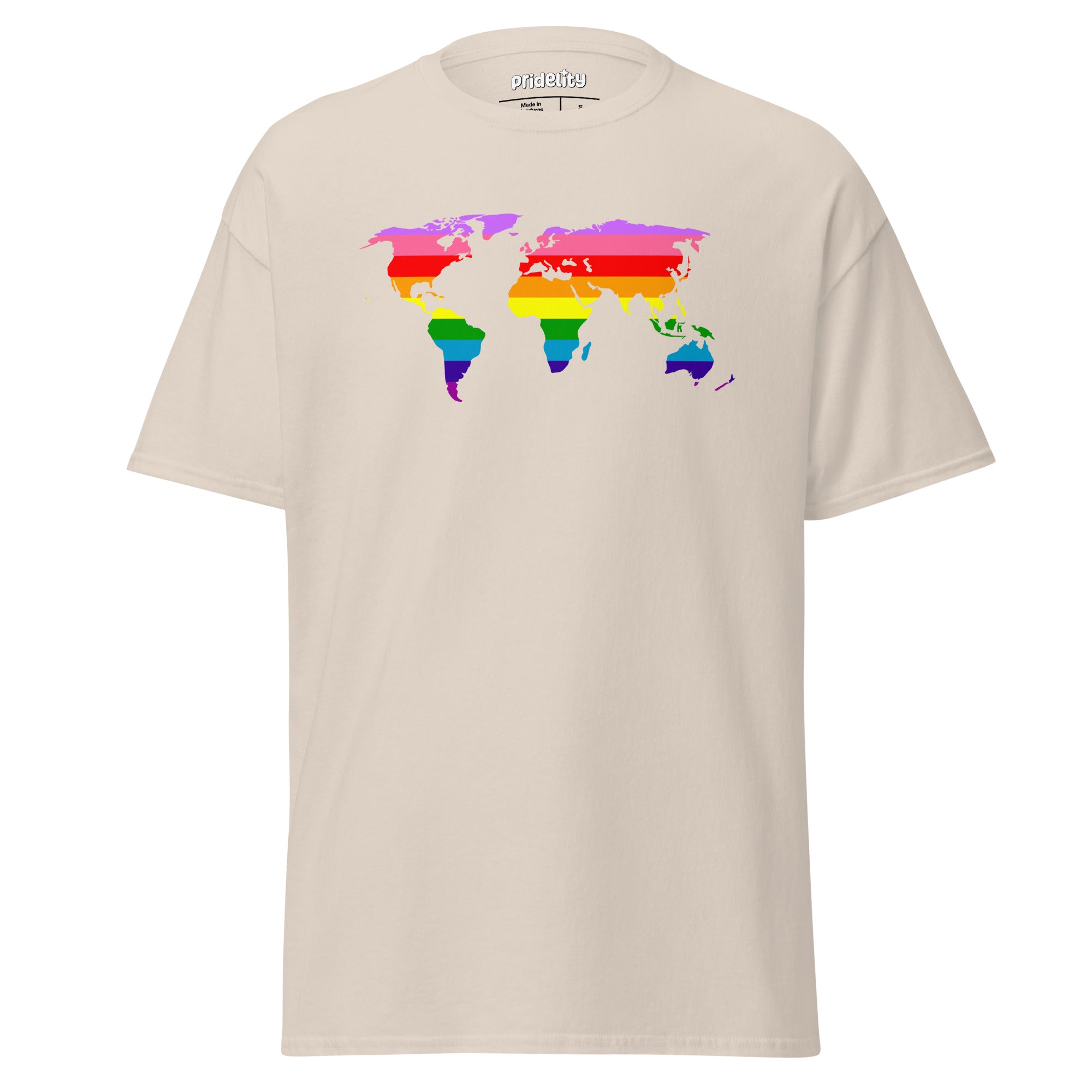 The World Pride T-Shirt by Pridelity features a striking world map design in rainbow colors across the chest, set on a light blue background.