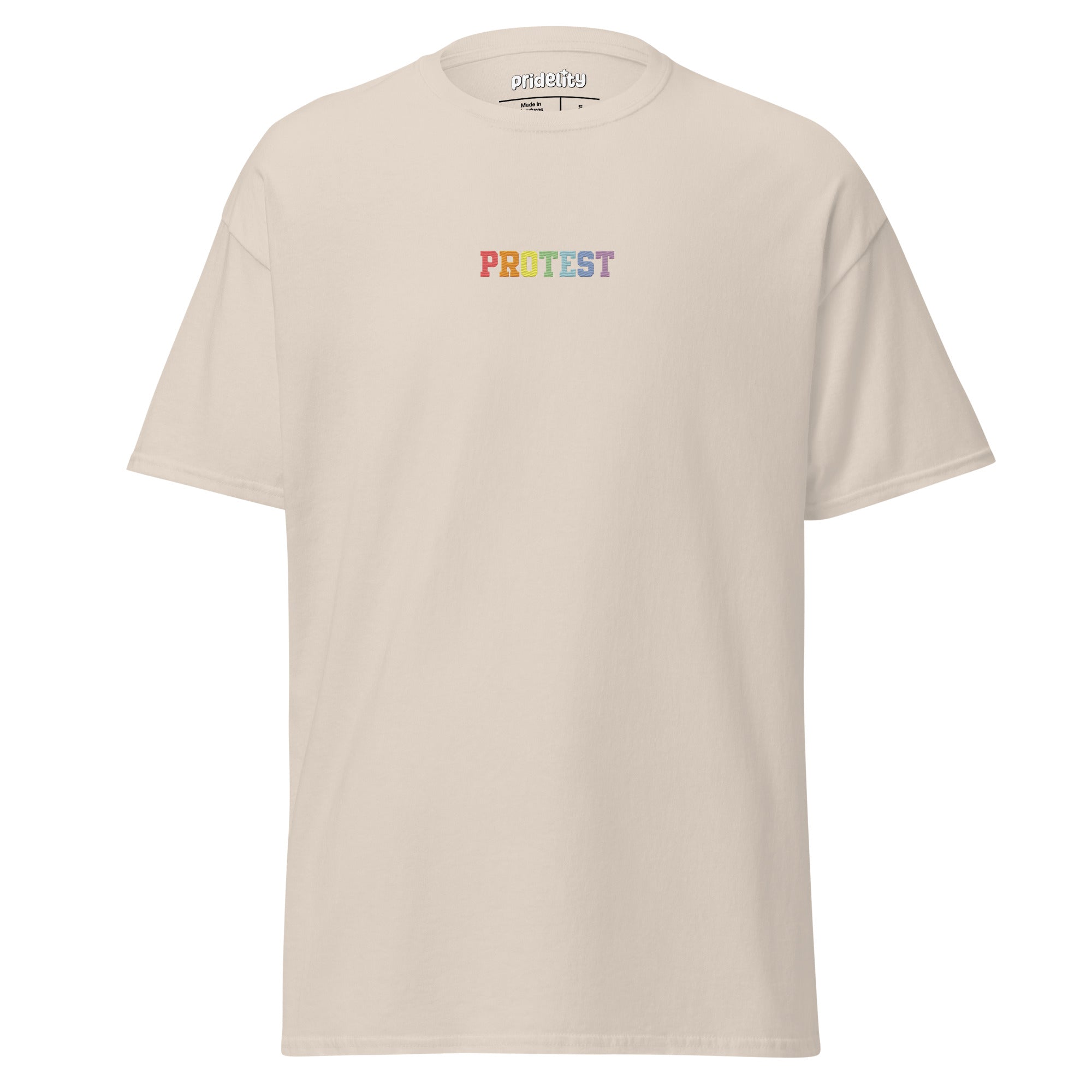 The Protest T-Shirt by Pridelity is a bold black garment featuring the word 