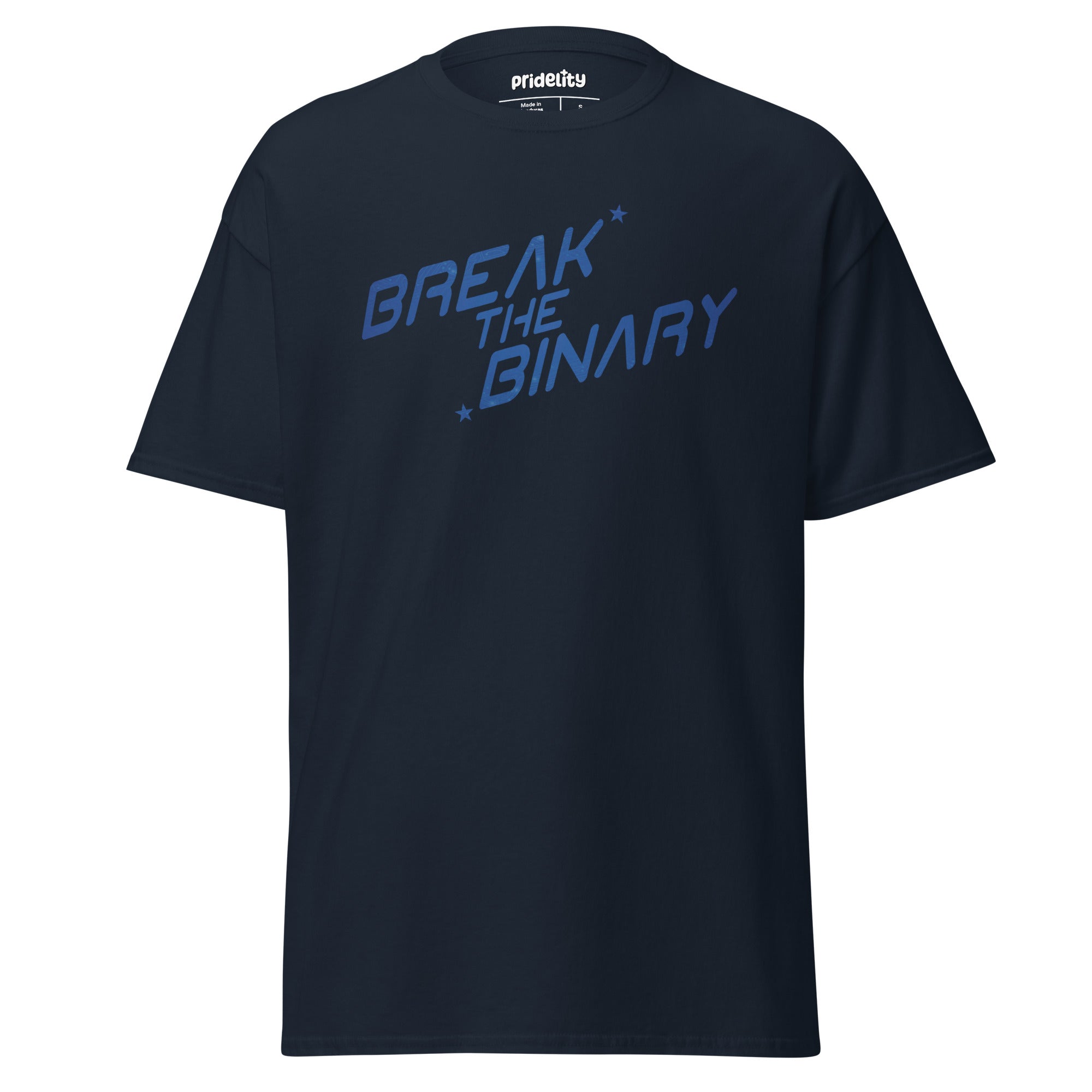 The Break The Binary T-Shirt by Pridelity, part of our Pride Collection, showcases the phrase 