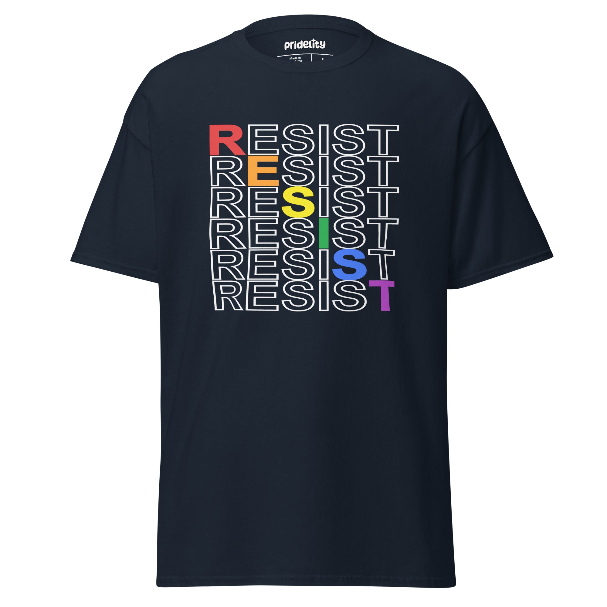 A black Resist T-Shirt from Pridelity showcases the word 