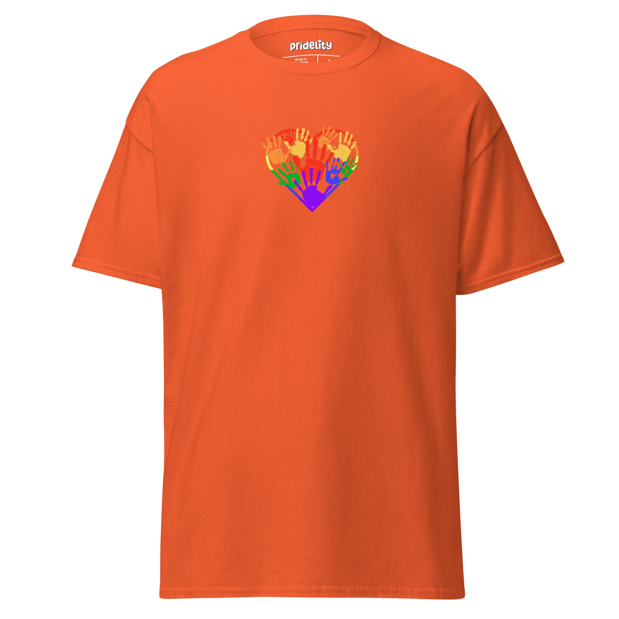 Introducing the Heartfelt Pride T-Shirt by Pridelity, a purple tee from our pride merch collection. It showcases a heart-shaped design of hands in diverse skin tones raised together in solidarity and rainbow colors, with 