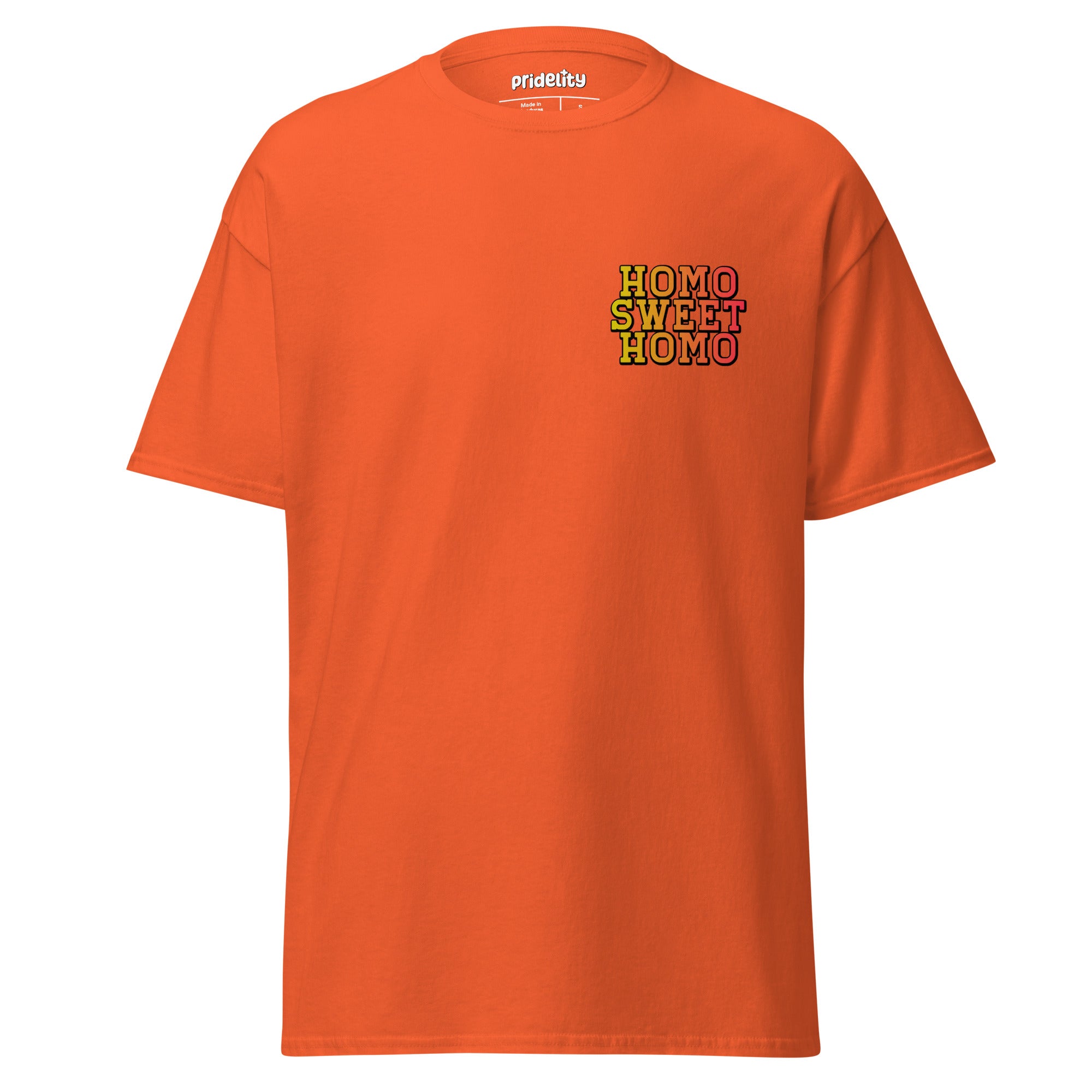 Radiant orange Homo Sweet Homo T-shirt by Pridelity, showcasing the vibrant multicolored 