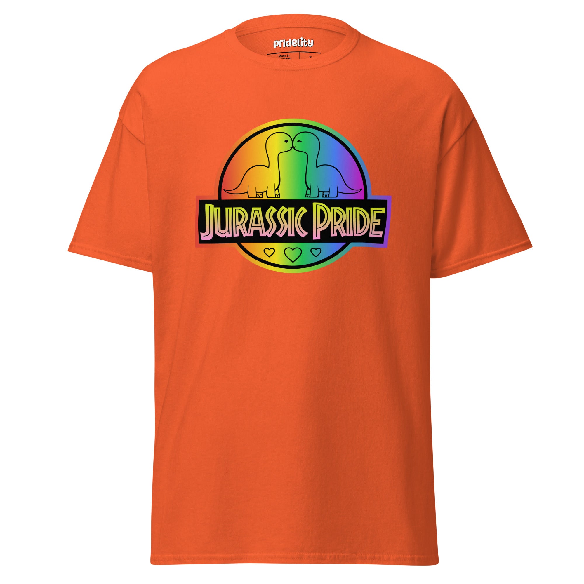 Introducing the Pridelity Jurassic Pride T-Shirt, a vibrant red shirt featuring a rainbow logo with two dinosaurs and the phrase 