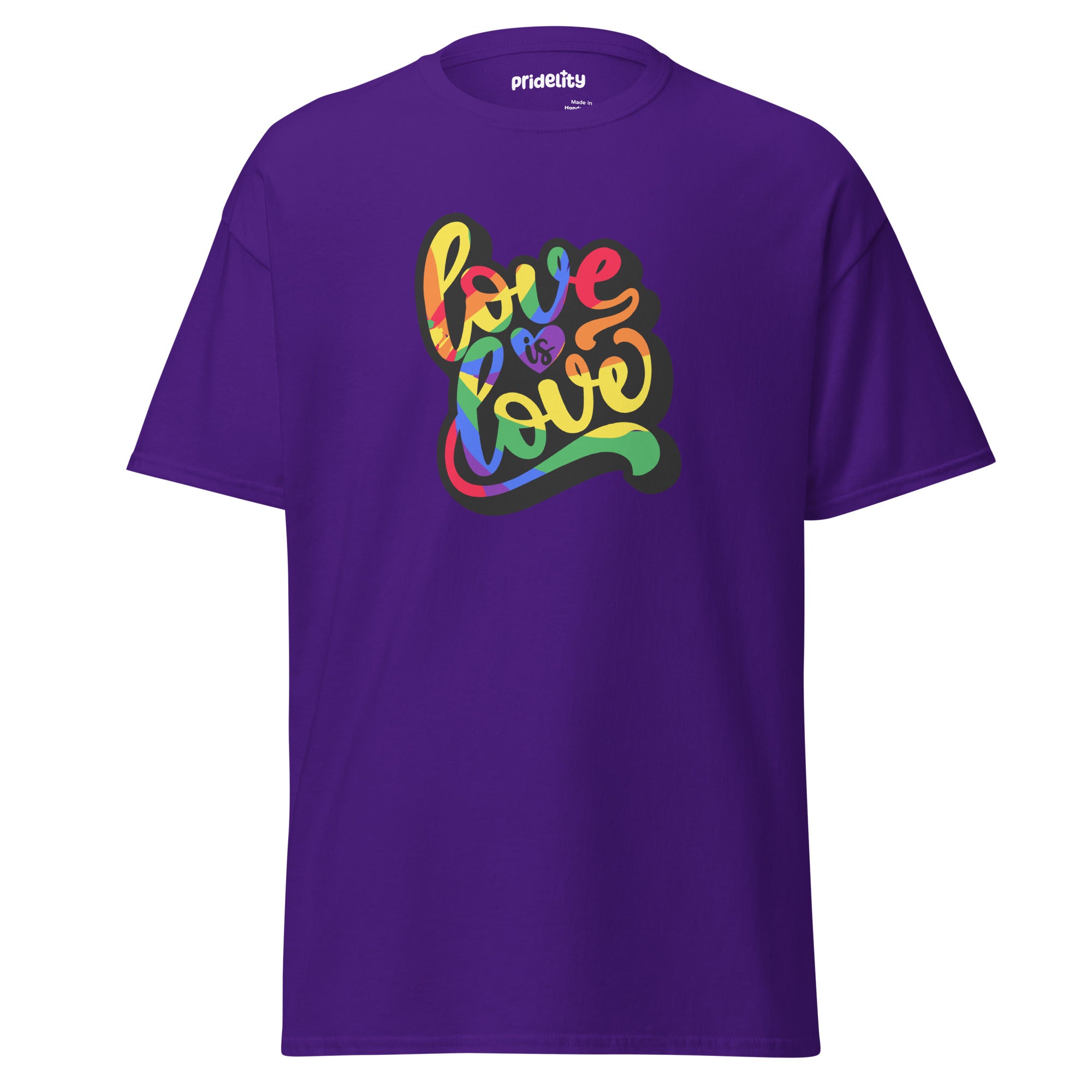 The Love Is Love T-Shirt by Pridelity is a royal blue shirt adorned with the vibrant, multicolored phrase 