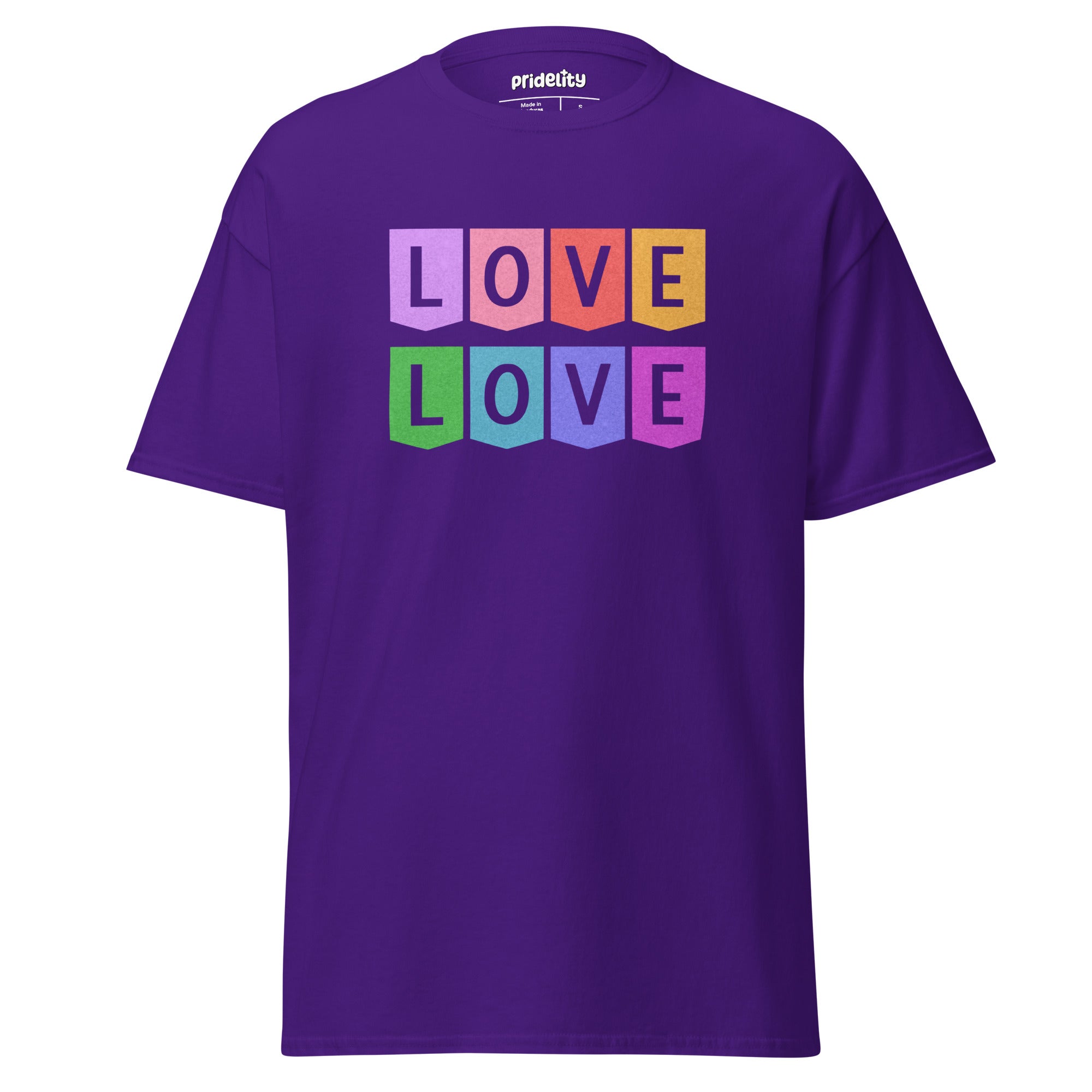 Introducing the Love Love T-Shirt by Pridelity: a striking black pride shirt adorned with 