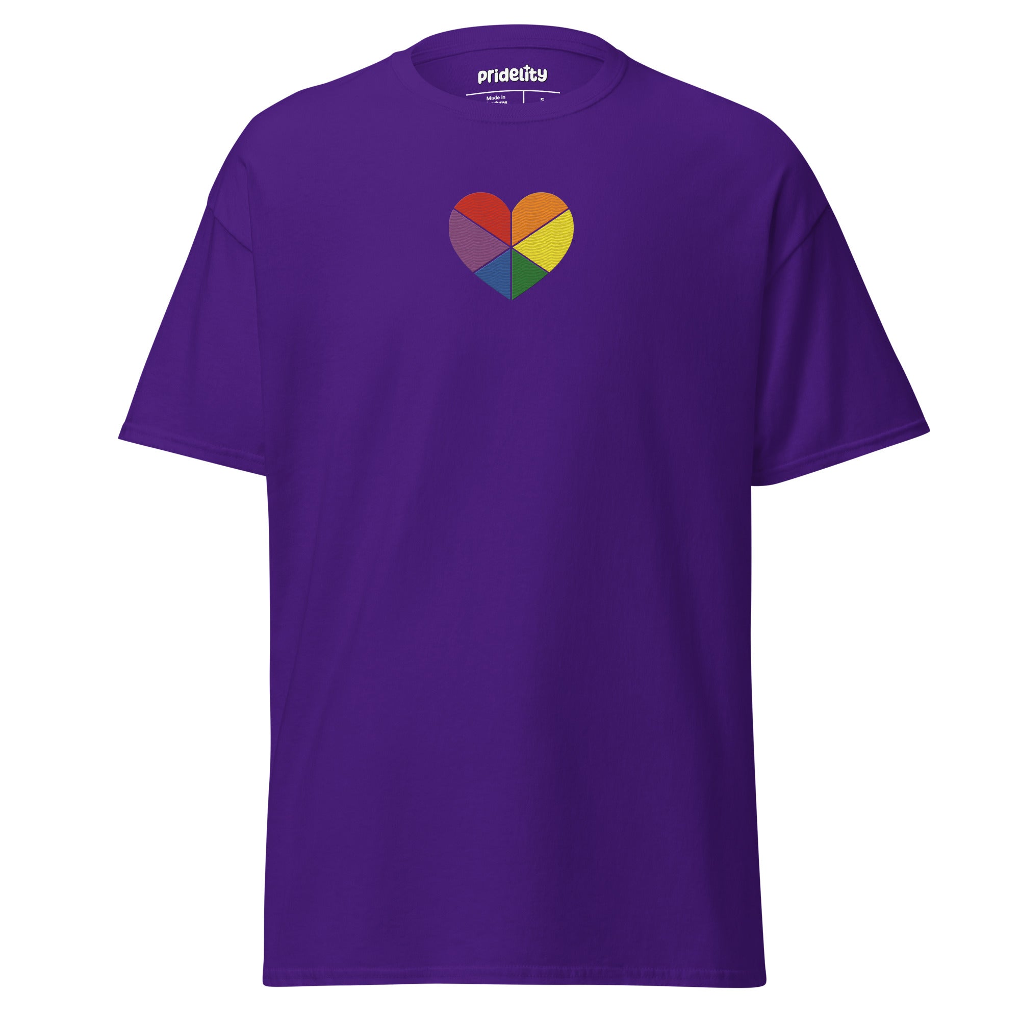 An Azalea-colored Proud Heart T-Shirt by Pridelity, showcasing a central heart design divided into six vivid rainbow-colored segments.