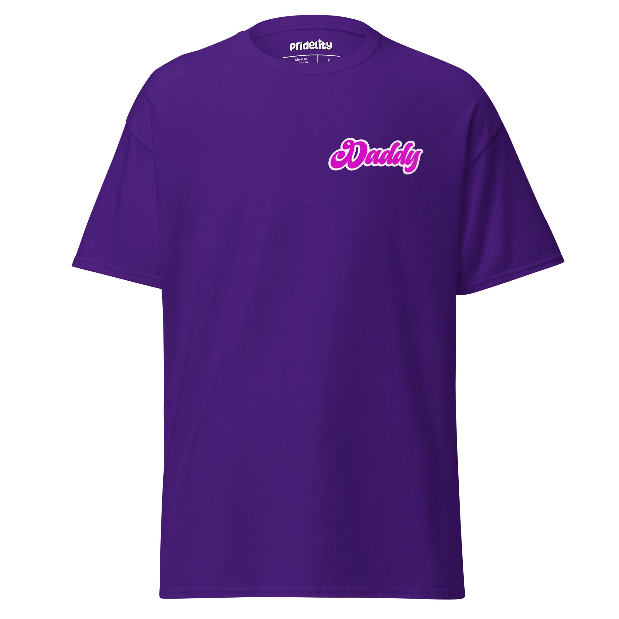 The Daddy T-Shirt from Pridelity's Pride Merch line is a purple t-shirt that features the word 