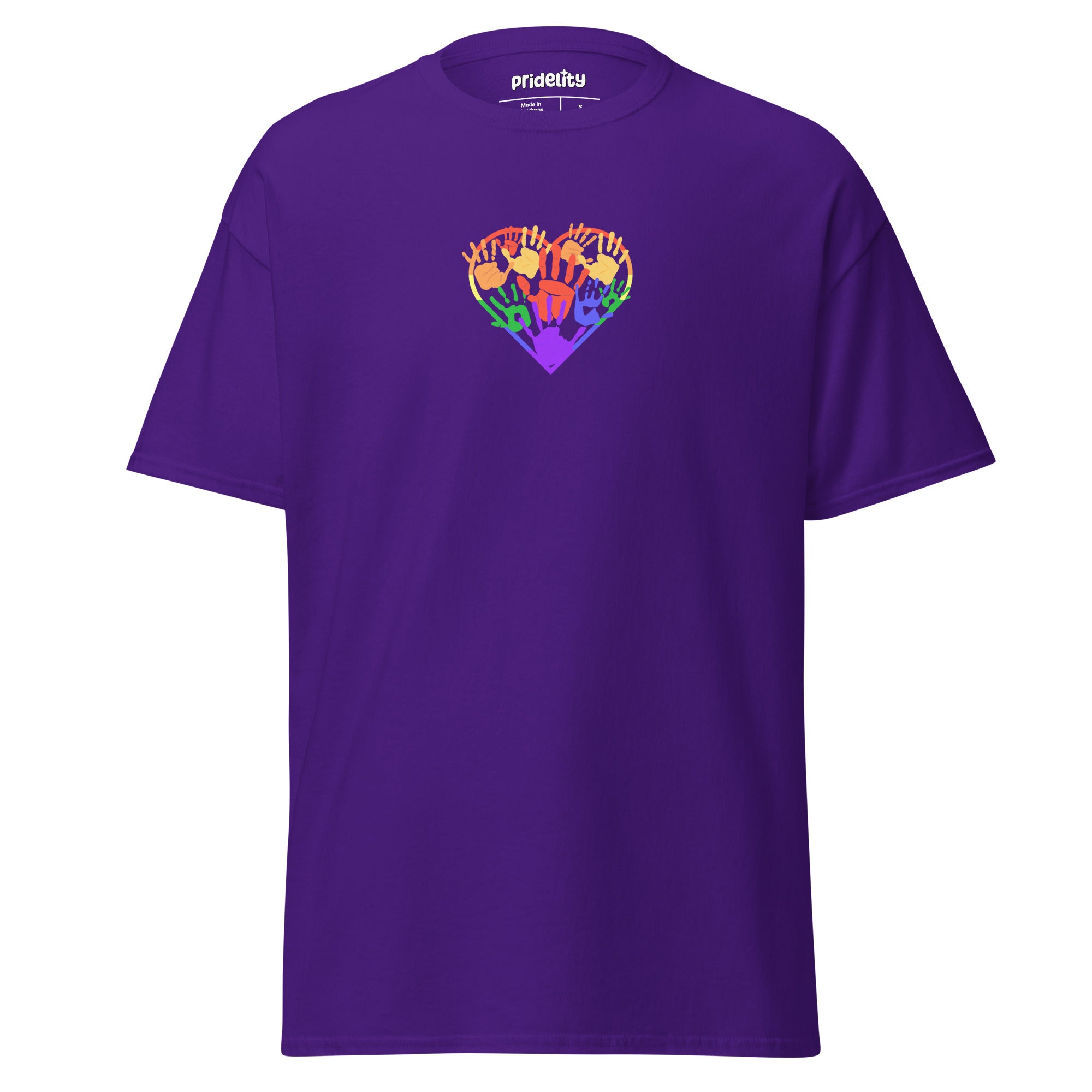 Introducing the Heartfelt Pride T-Shirt by Pridelity, a purple tee from our pride merch collection. It showcases a heart-shaped design of hands in diverse skin tones raised together in solidarity and rainbow colors, with 