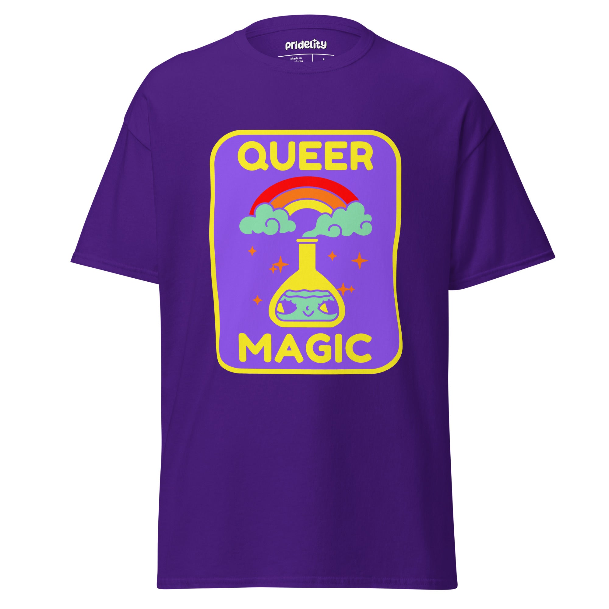 Celebrate diversity with the Queer Magic T-Shirt from Pridelity. This purple tee features a lively design of a potion flask, encircled by clouds, a rainbow, and stars, accompanied by the inspiring phrase 