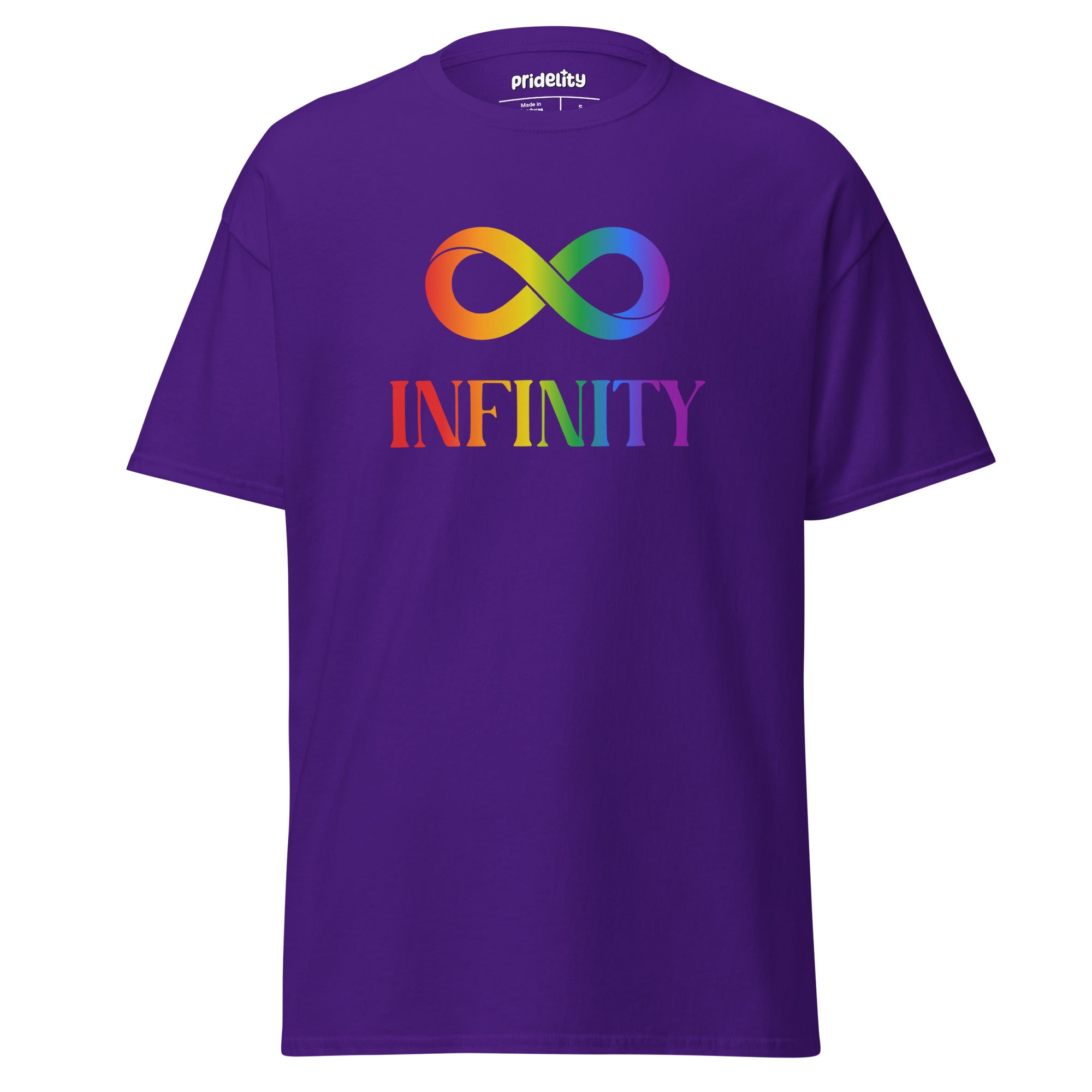 A Pridelity Infinity T-Shirt featuring a white design with a rainbow infinity symbol above the word 