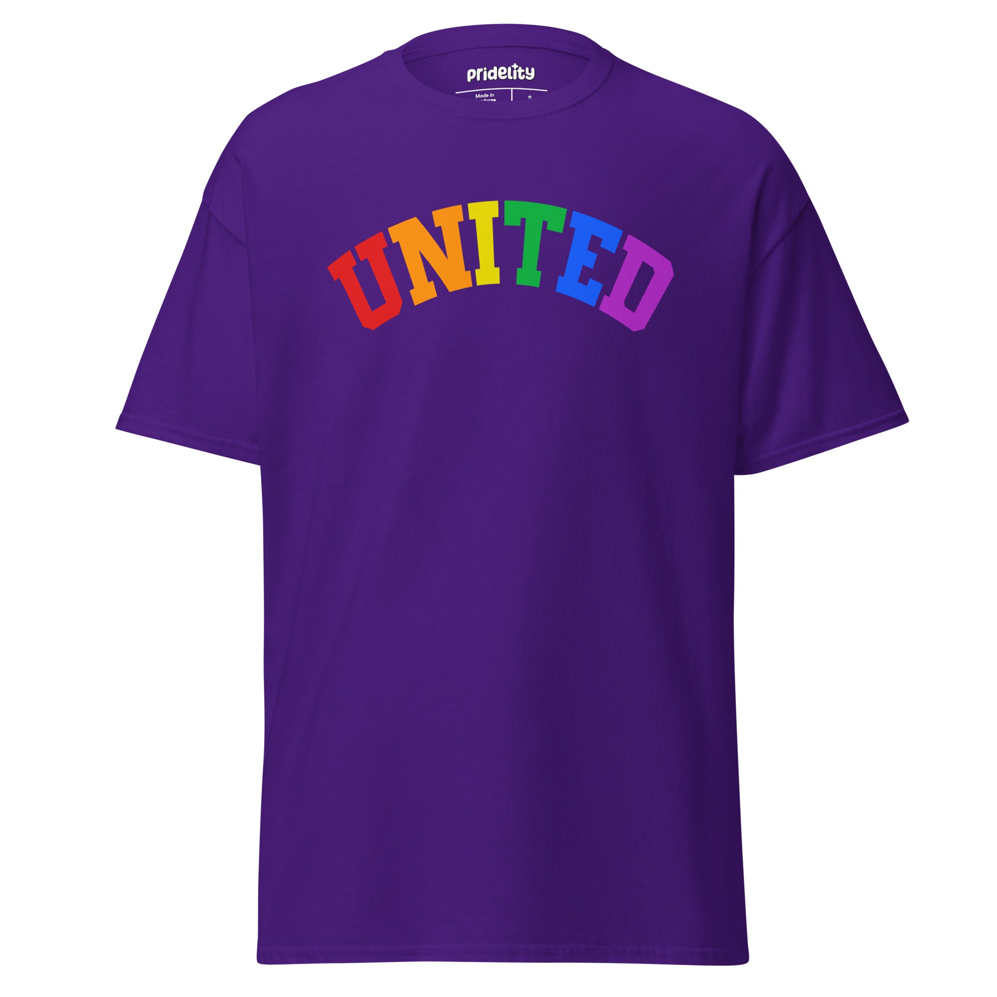 The Pridelity United T-Shirt showcases the word 