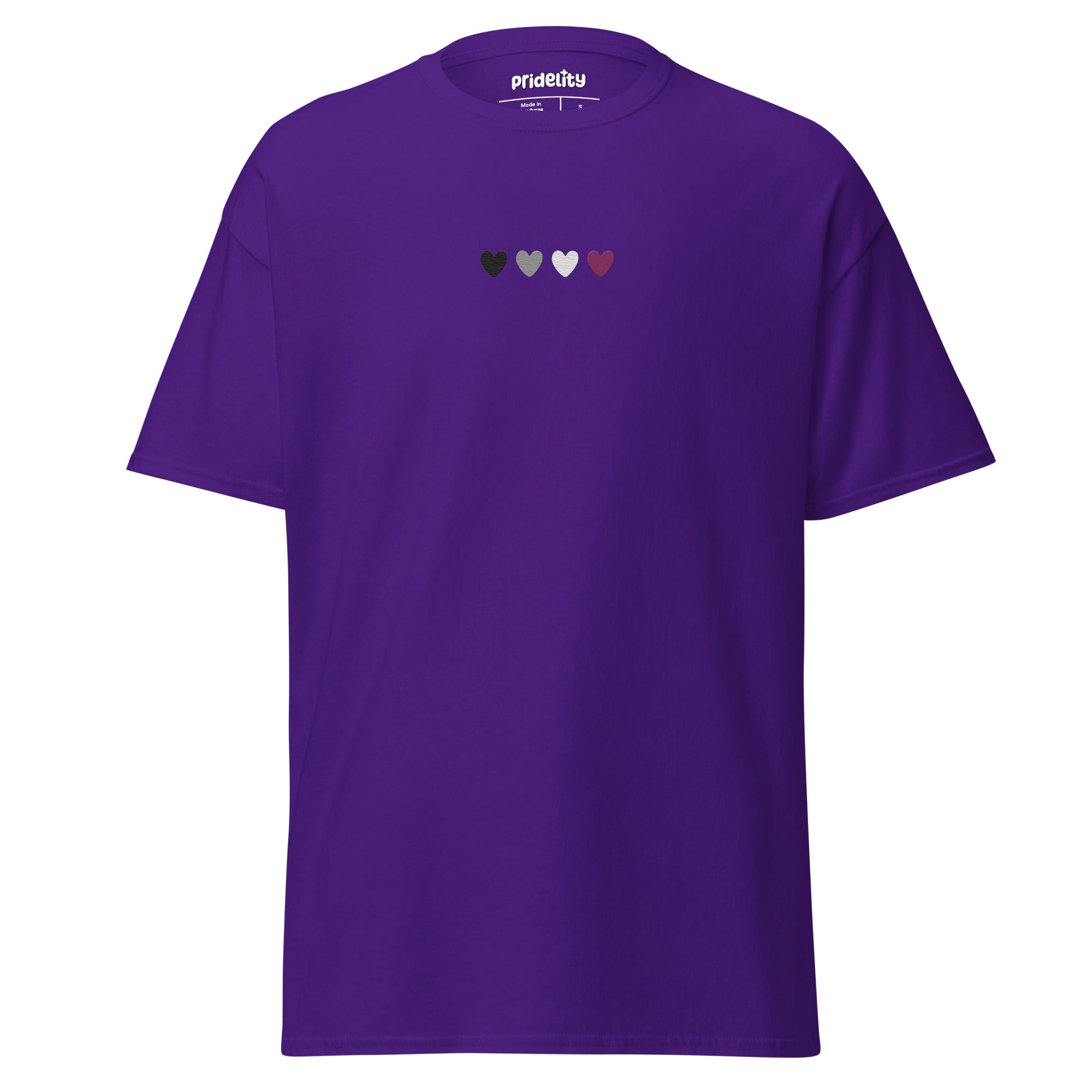 The Asexual Love T-Shirt by Pridelity is a maroon t-shirt adorned with five small hearts across the chest in shades of green, gray, and purple. It is perfect for any Pride Collection, with 