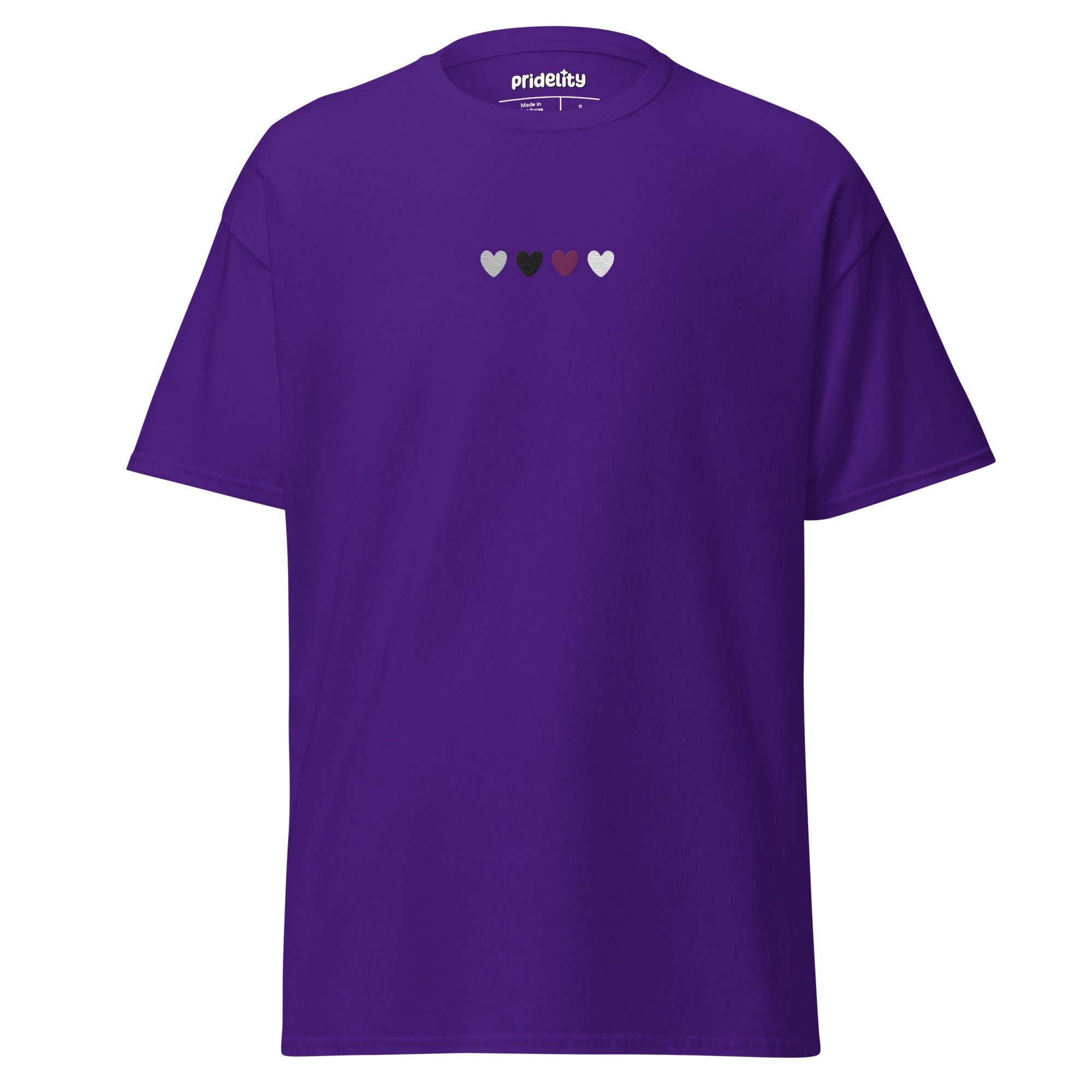 The Demisexual Love T-Shirt from Pridelity is a pink t-shirt adorned with four vibrant hearts in a row on the chest, each heart symbolizing diversity with shades of green, black, brown, and pink. This pride t-shirt elegantly embodies unity and love within our pride collections.