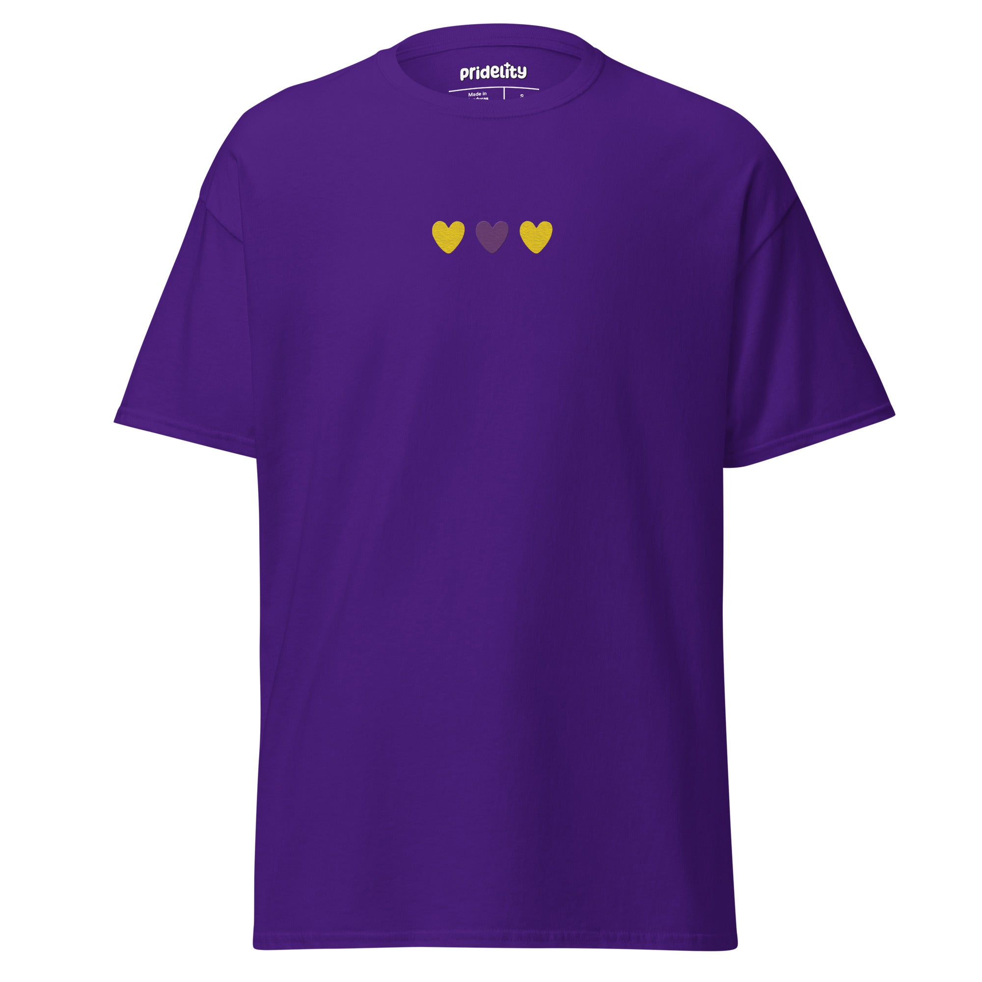 Introducing the Intersex Love T-Shirt by Pridelity, featuring three gracefully aligned small hearts in yellow, purple, and black across the chest.