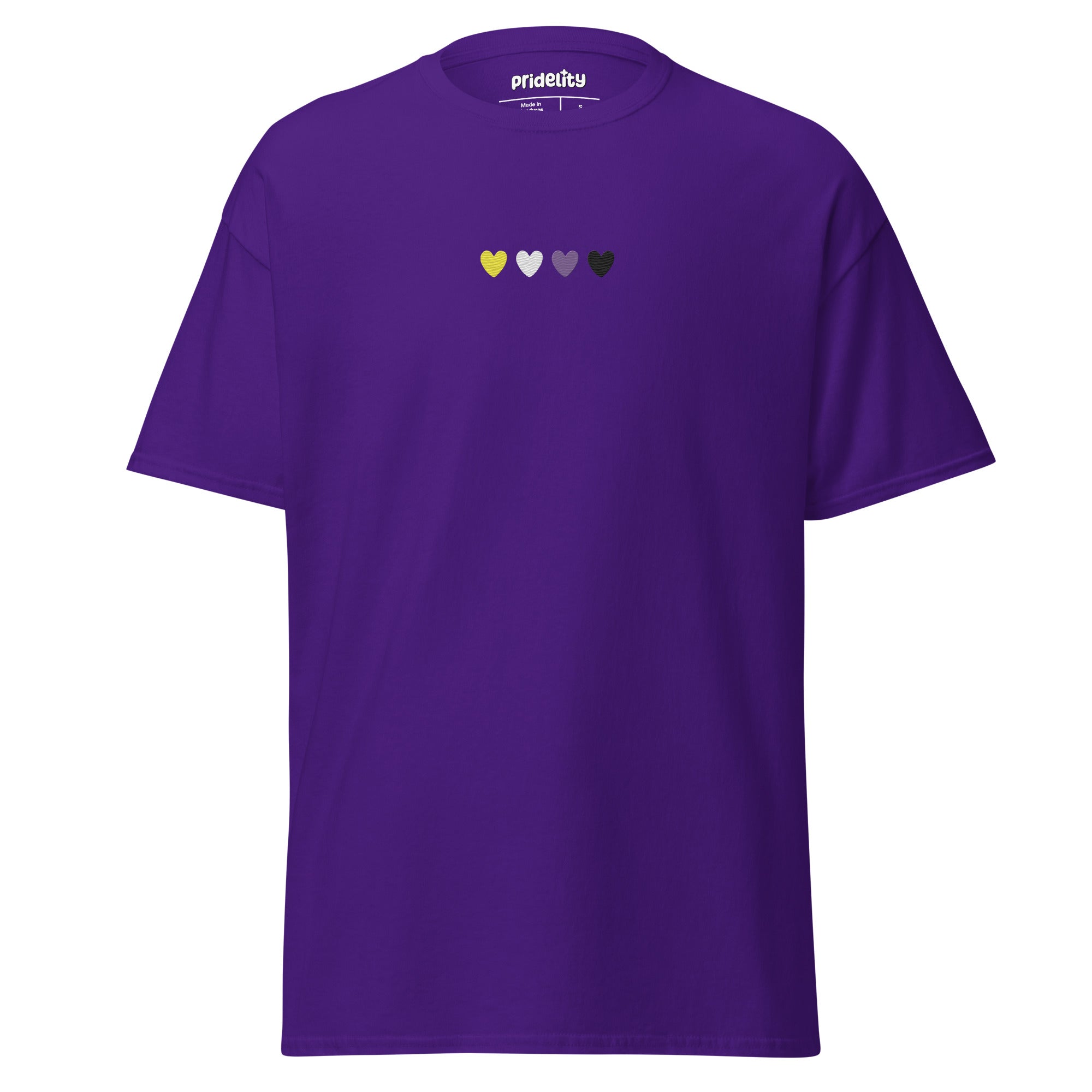 Introducing the Nonbinary Love T-Shirt by Pridelity, a stylish Azalea shirt adorned with a small row of four hearts on the chest. The hearts come in yellow, light pink, dark pink, and black hues to symbolize inclusivity.