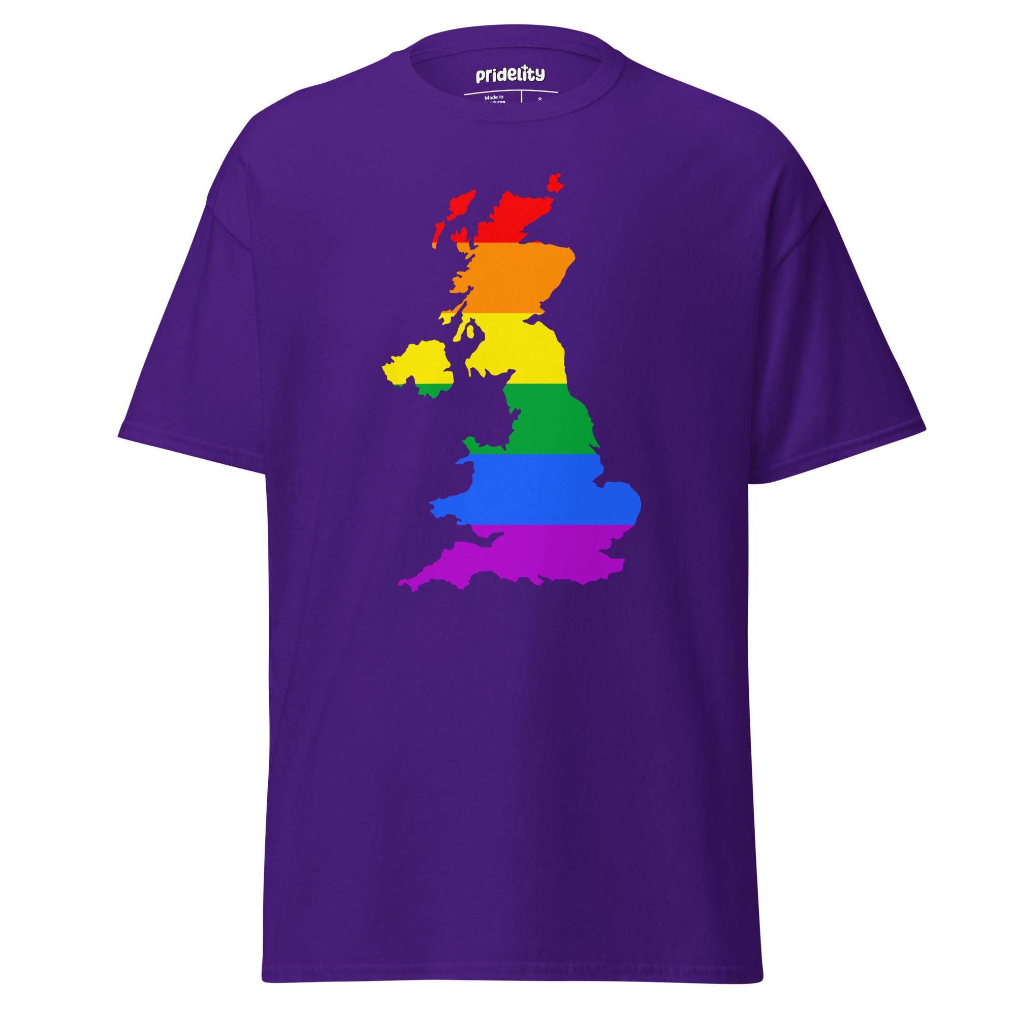 Introducing the British Isles Pride T-Shirt by Pridelity, a standout piece in our Pride Collections. This white t-shirt features a vibrant rainbow map of the United Kingdom, symbolizing LGBTQ+ pride.