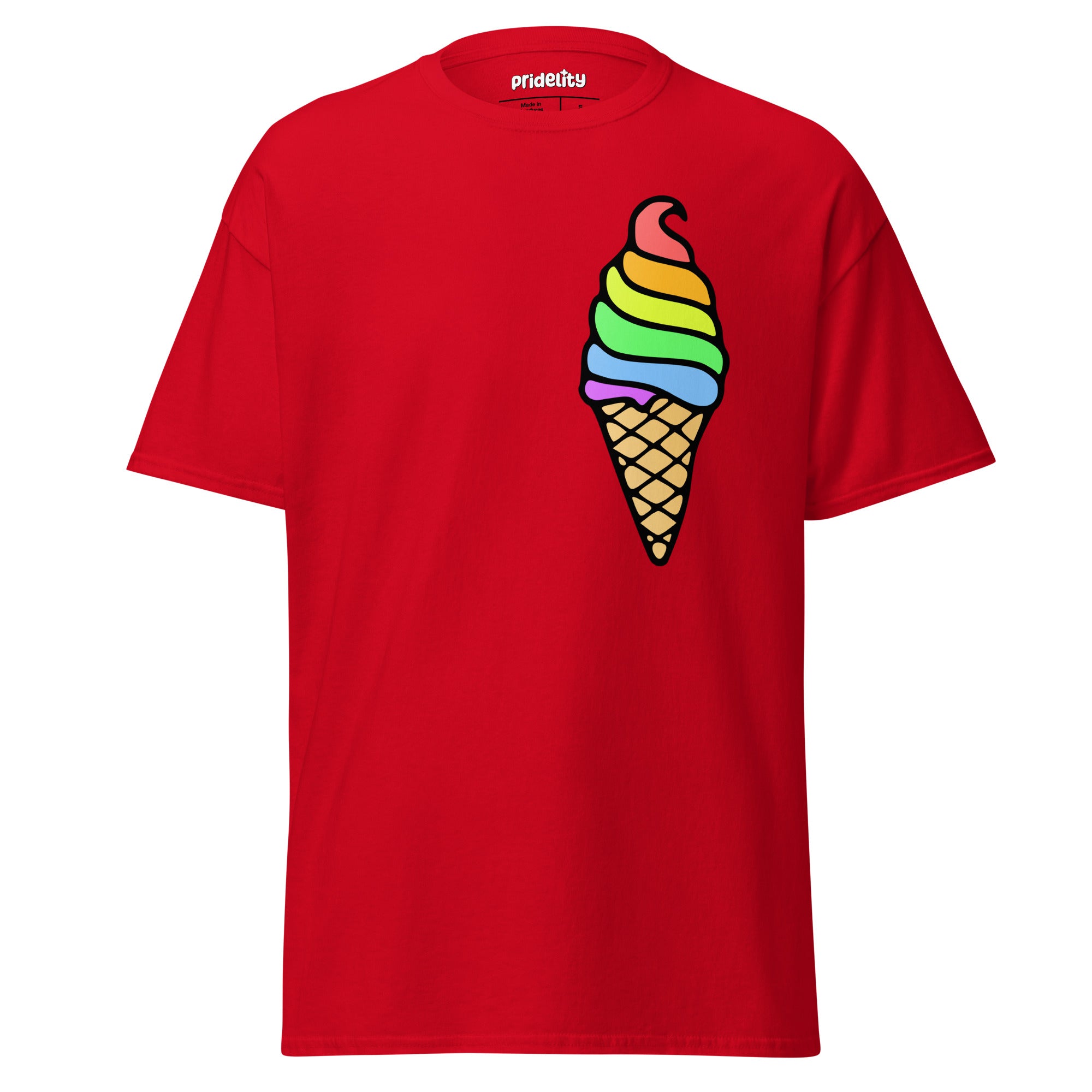 A Pride Ice Cream T-Shirt from Pridelity, featuring a gold base adorned with a vibrant ice cream cone design on the front. The ice cream swirls in rainbow colors, celebrating diversity, while the cone displays a traditional waffle pattern.