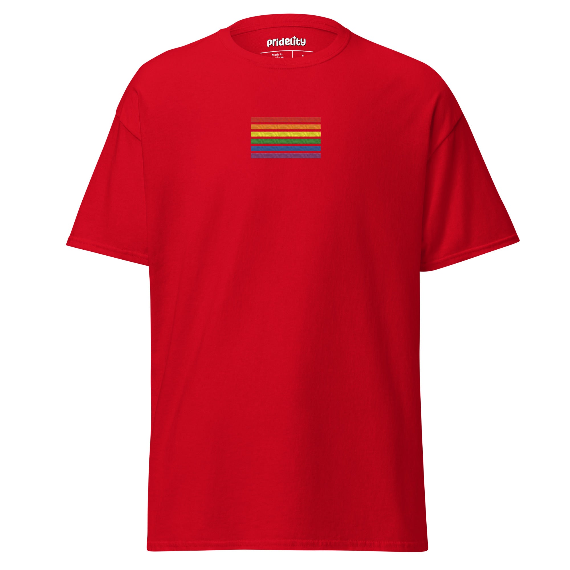 The Rainbow Stripes T-Shirt from Pridelity is black with a small rainbow stripe pattern on the chest, featuring horizontal stripes in red, orange, yellow, green, blue, and purple. The brand name 