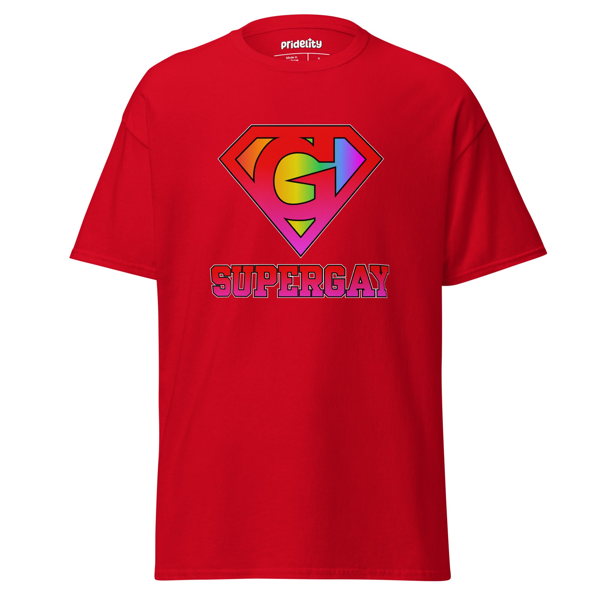 Pridelity's SuperGay T-Shirt in red showcases a rainbow-colored 