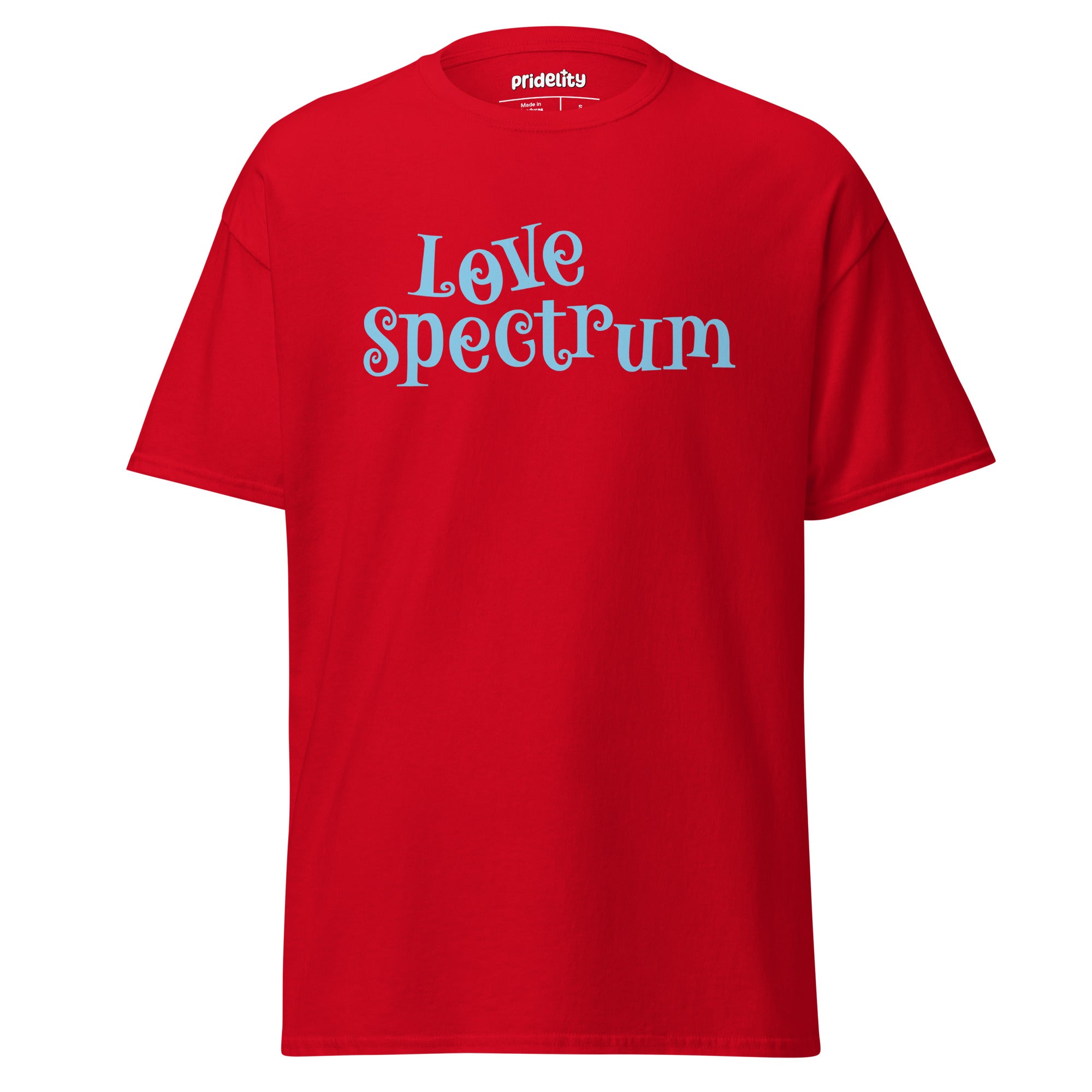 Introducing the Love Spectrum T-Shirt by Pridelity: This delightful white shirt features light blue text whimsically spelling out 