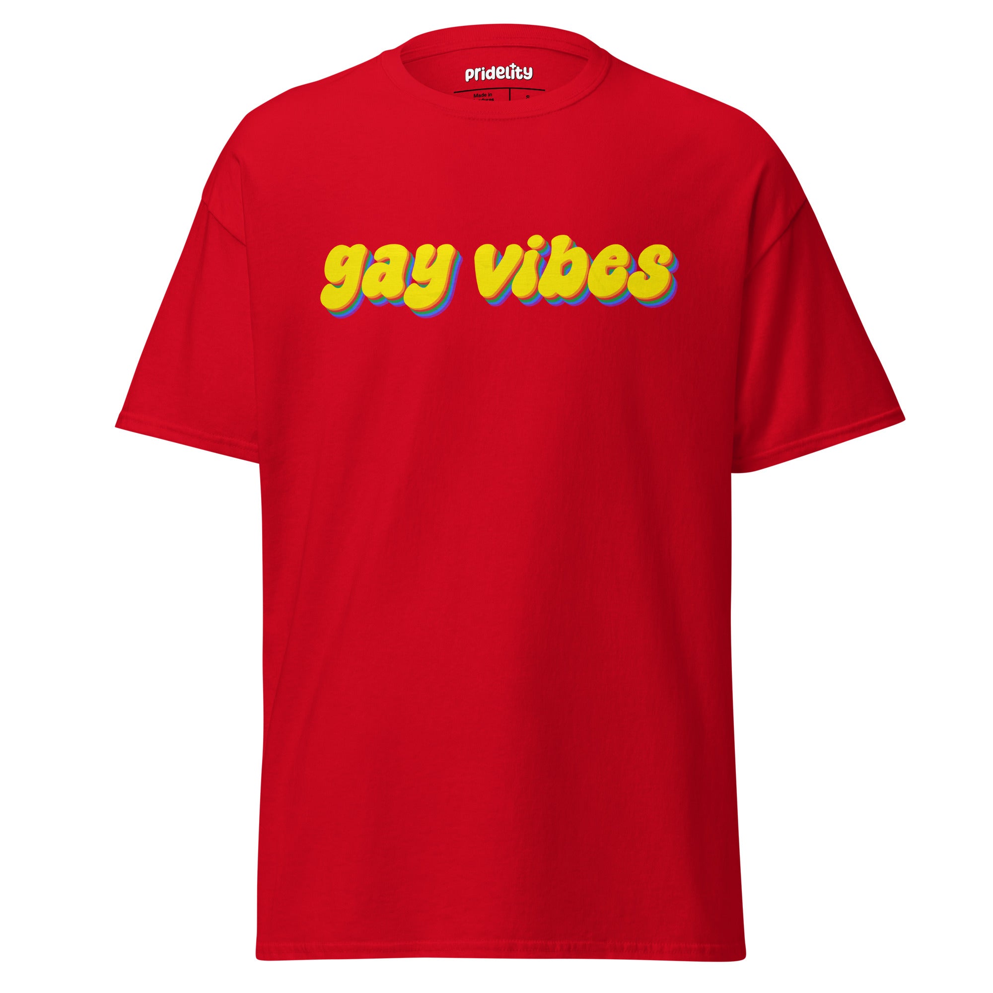 A gold Gay Vibes T-Shirt, crafted by Pridelity, features the bold and colorful 