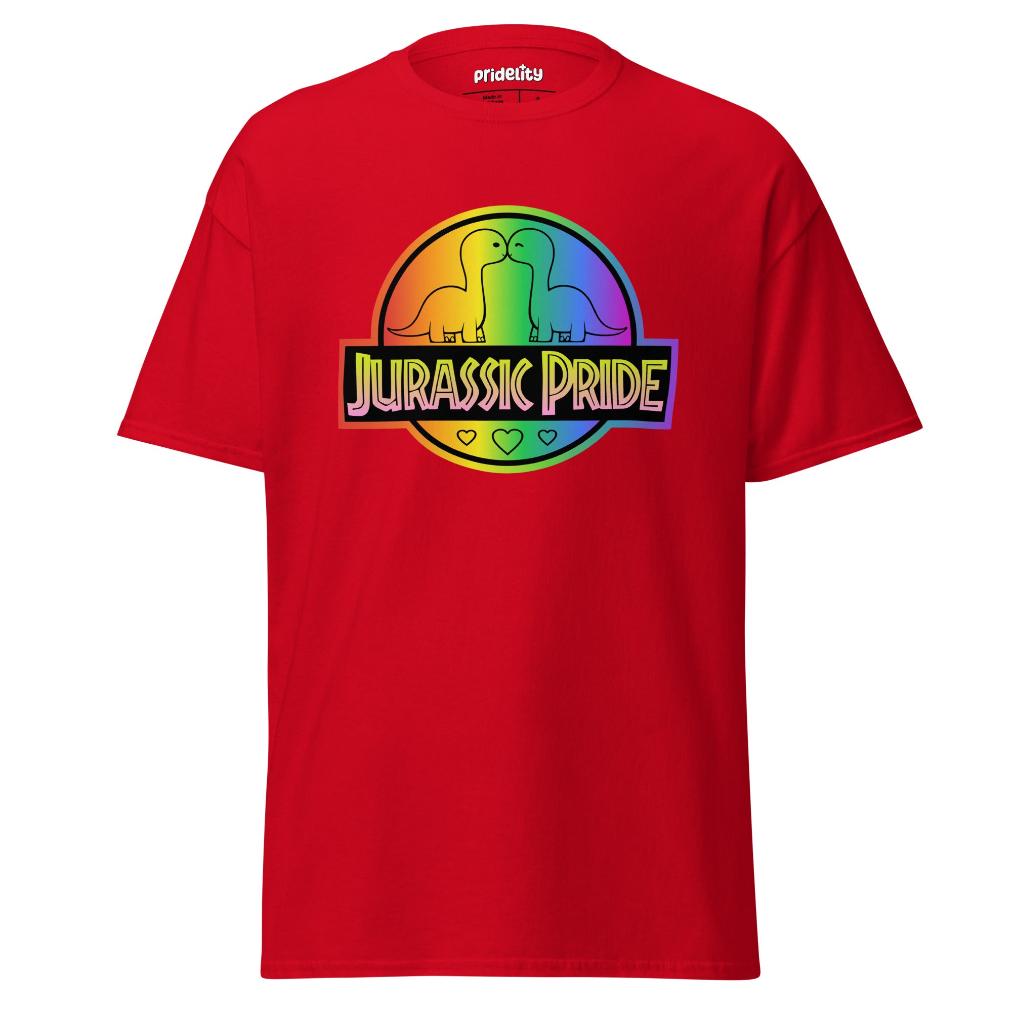 Introducing the Pridelity Jurassic Pride T-Shirt, a vibrant red shirt featuring a rainbow logo with two dinosaurs and the phrase 