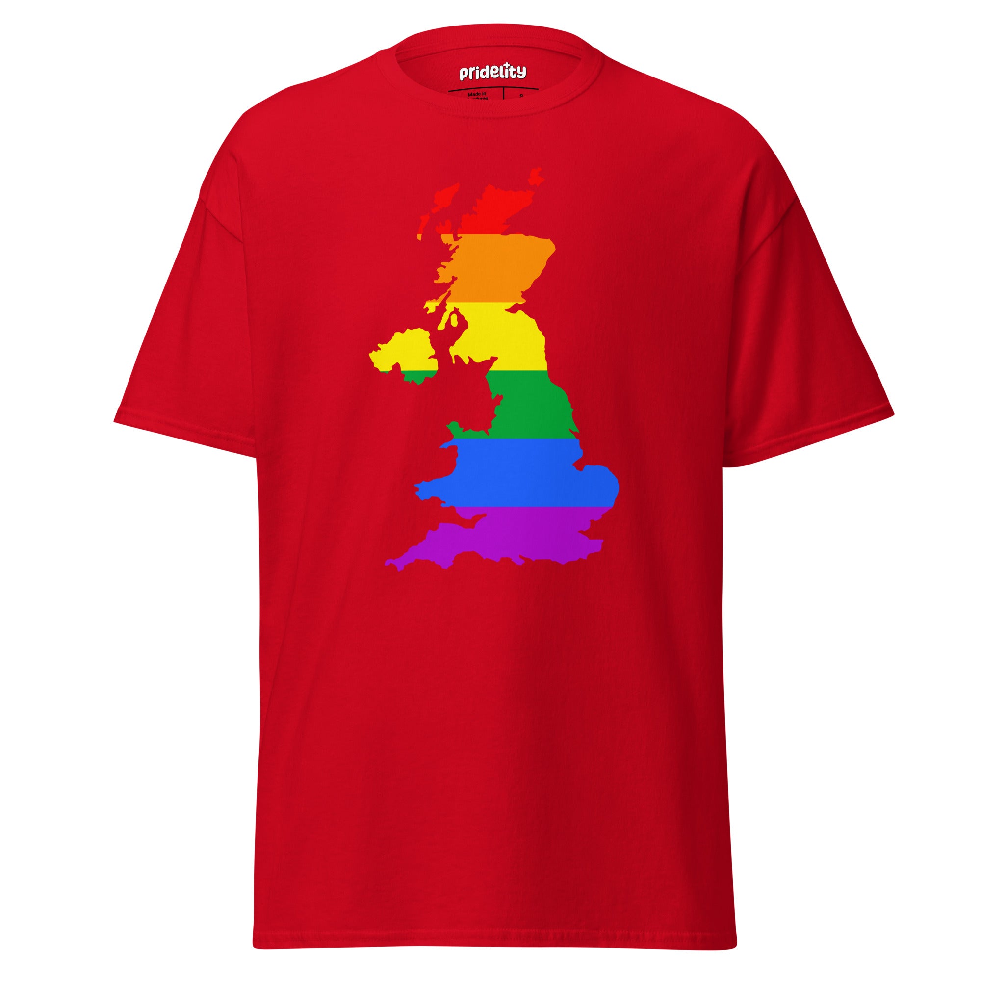 Introducing the British Isles Pride T-Shirt by Pridelity, a standout piece in our Pride Collections. This white t-shirt features a vibrant rainbow map of the United Kingdom, symbolizing LGBTQ+ pride.