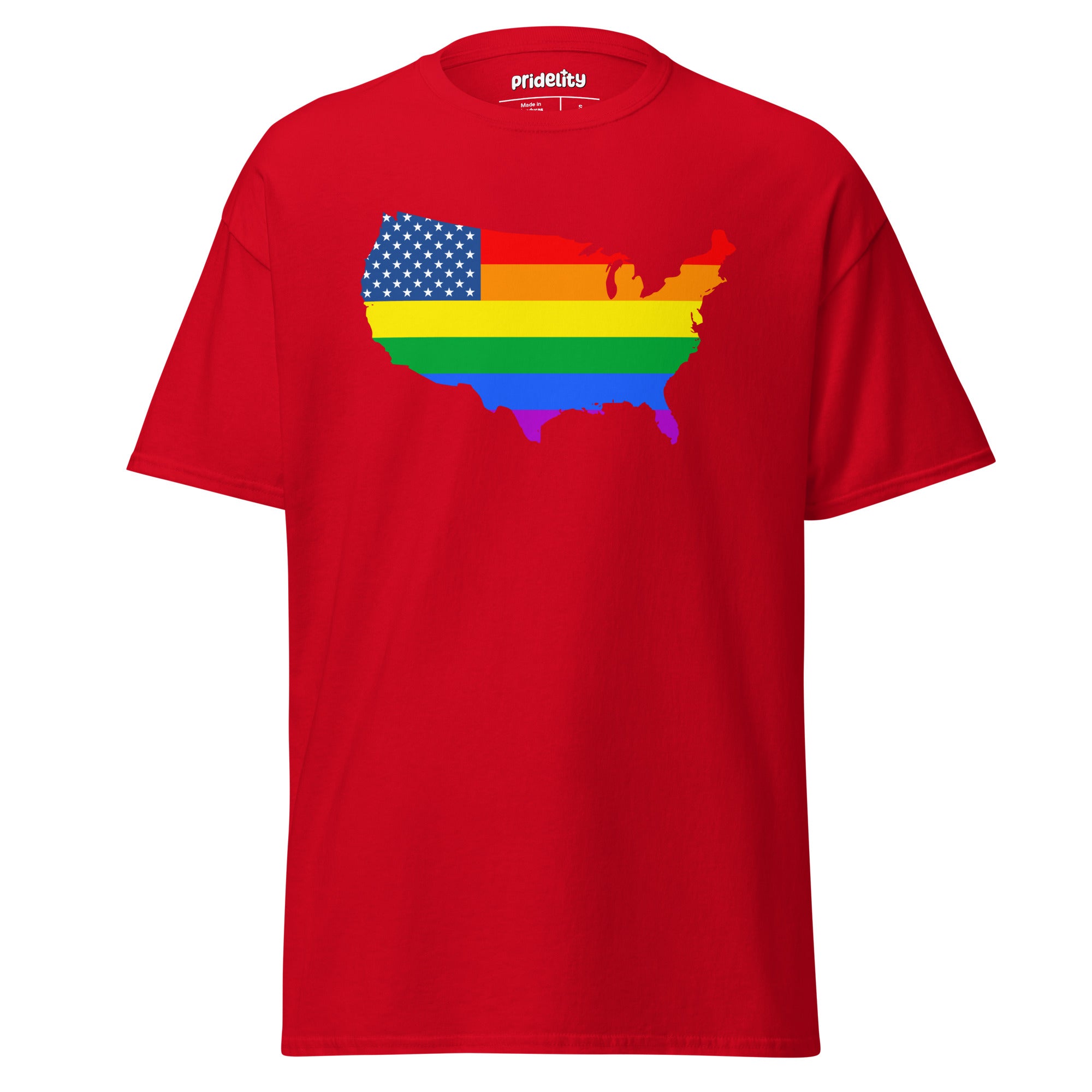 The US Map Pride T-Shirt by Pridelity features a graphic of the United States map, skillfully combining the American flag with vibrant rainbow colors to represent unity and diversity. This T-shirt comes in white.