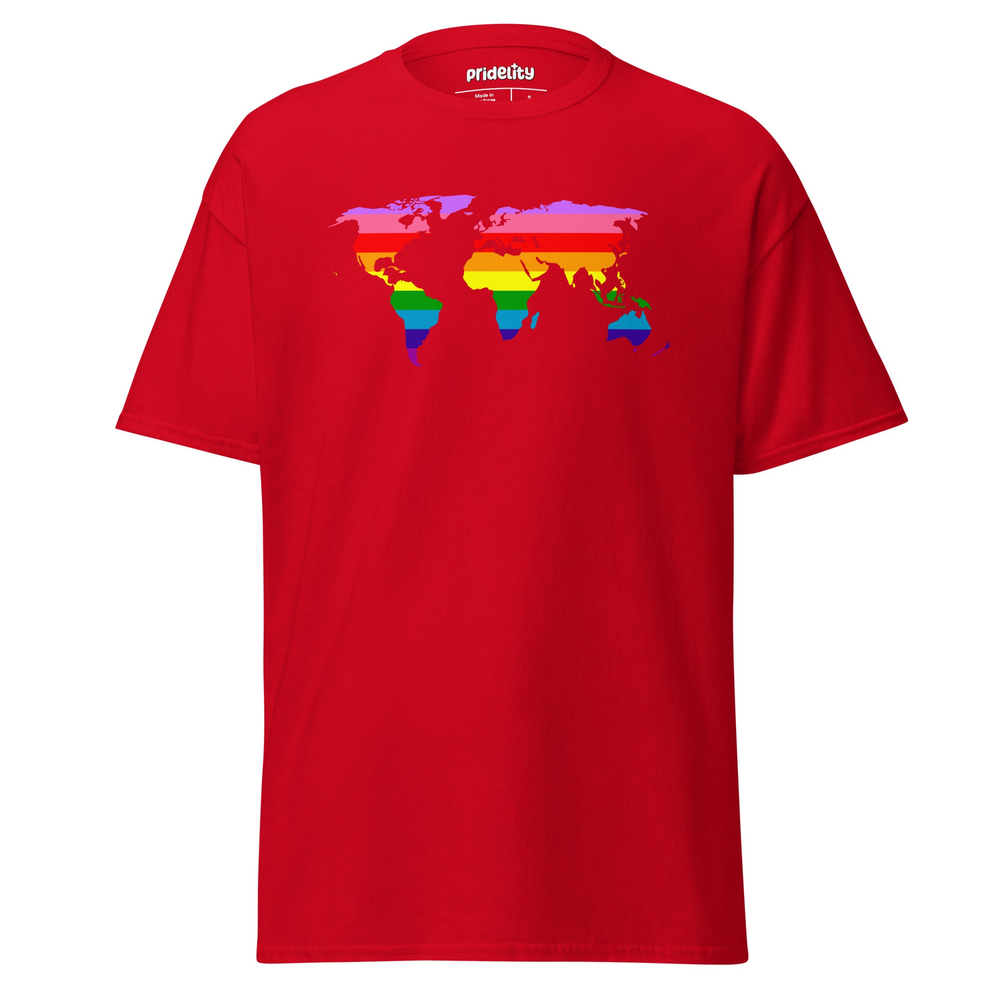 The World Pride T-Shirt by Pridelity features a striking world map design in rainbow colors across the chest, set on a light blue background.