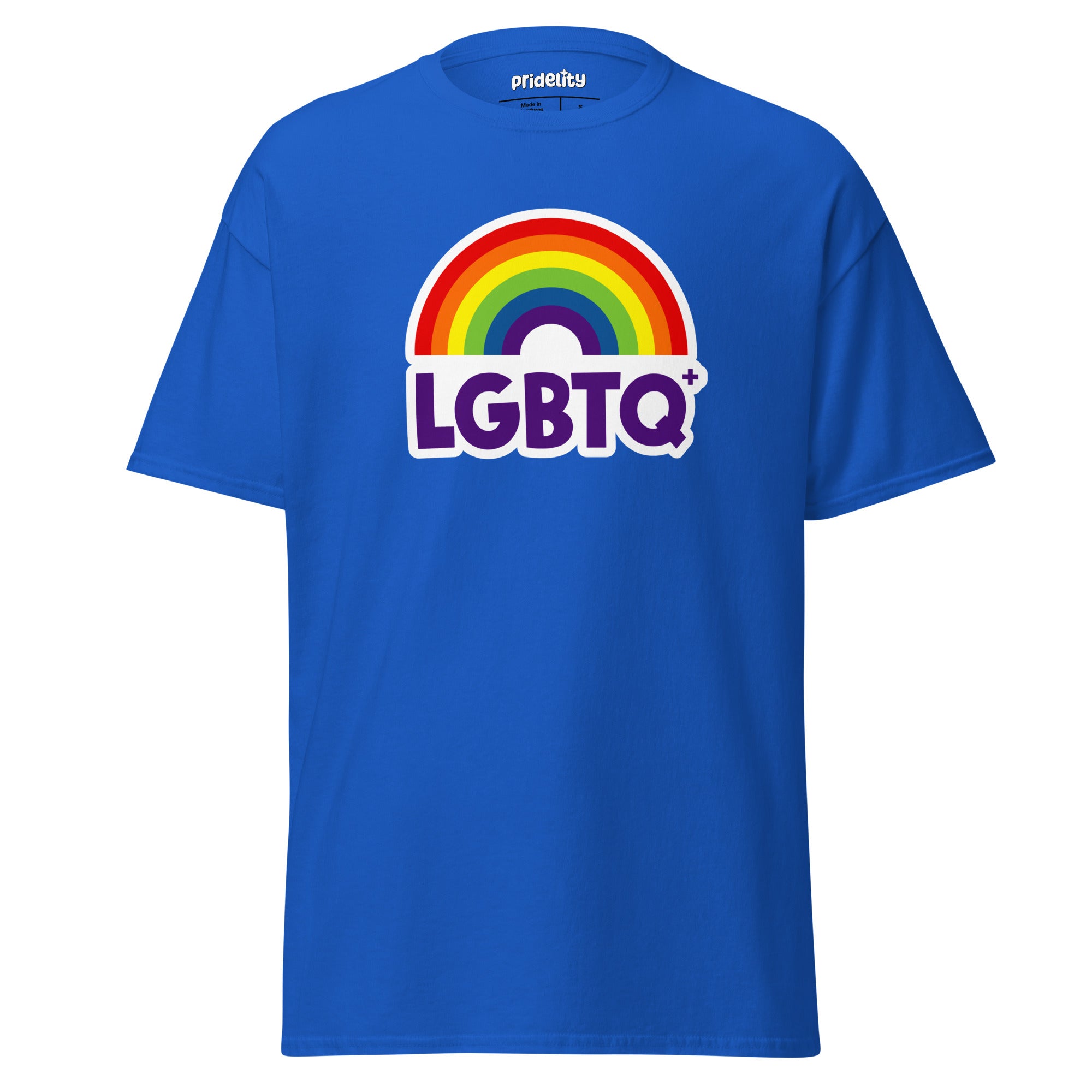 Introducing the Pridelity LGBTQ+ Rainbow T-Shirt: a black shirt adorned with a vibrant rainbow arching over bold, colorful 