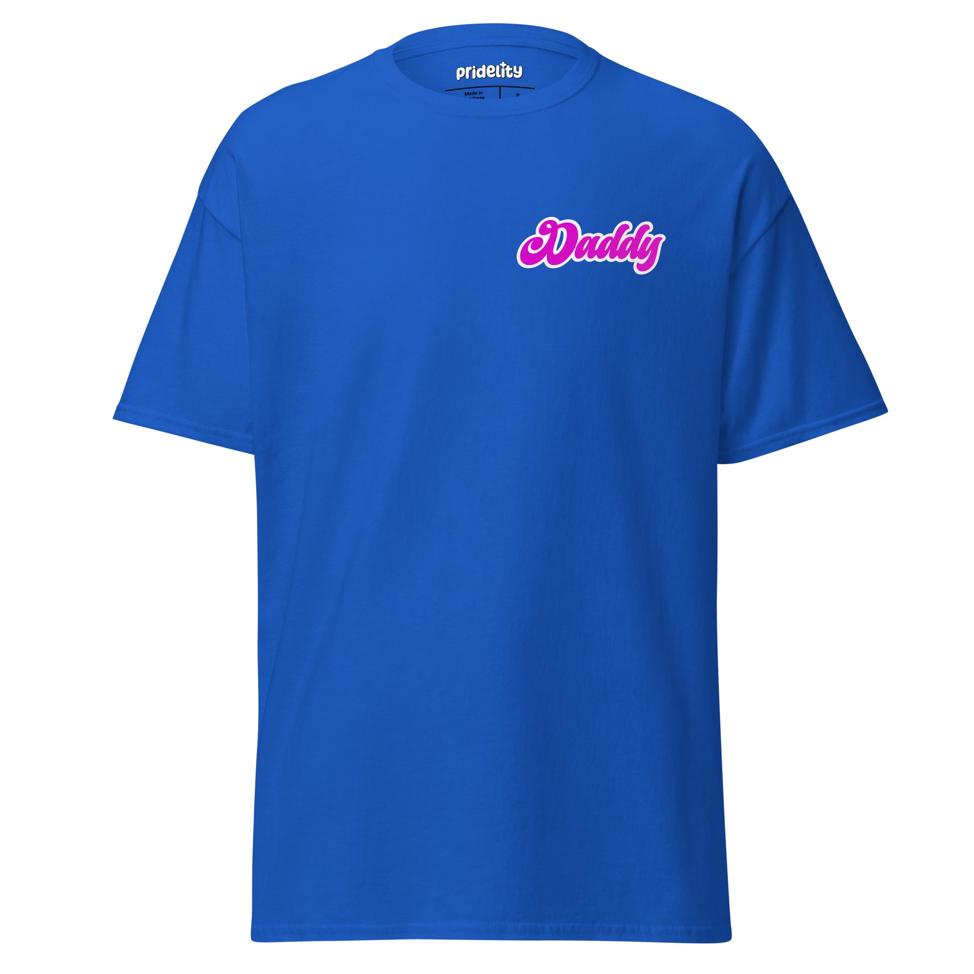 The Daddy T-Shirt from Pridelity's Pride Merch line is a purple t-shirt that features the word 