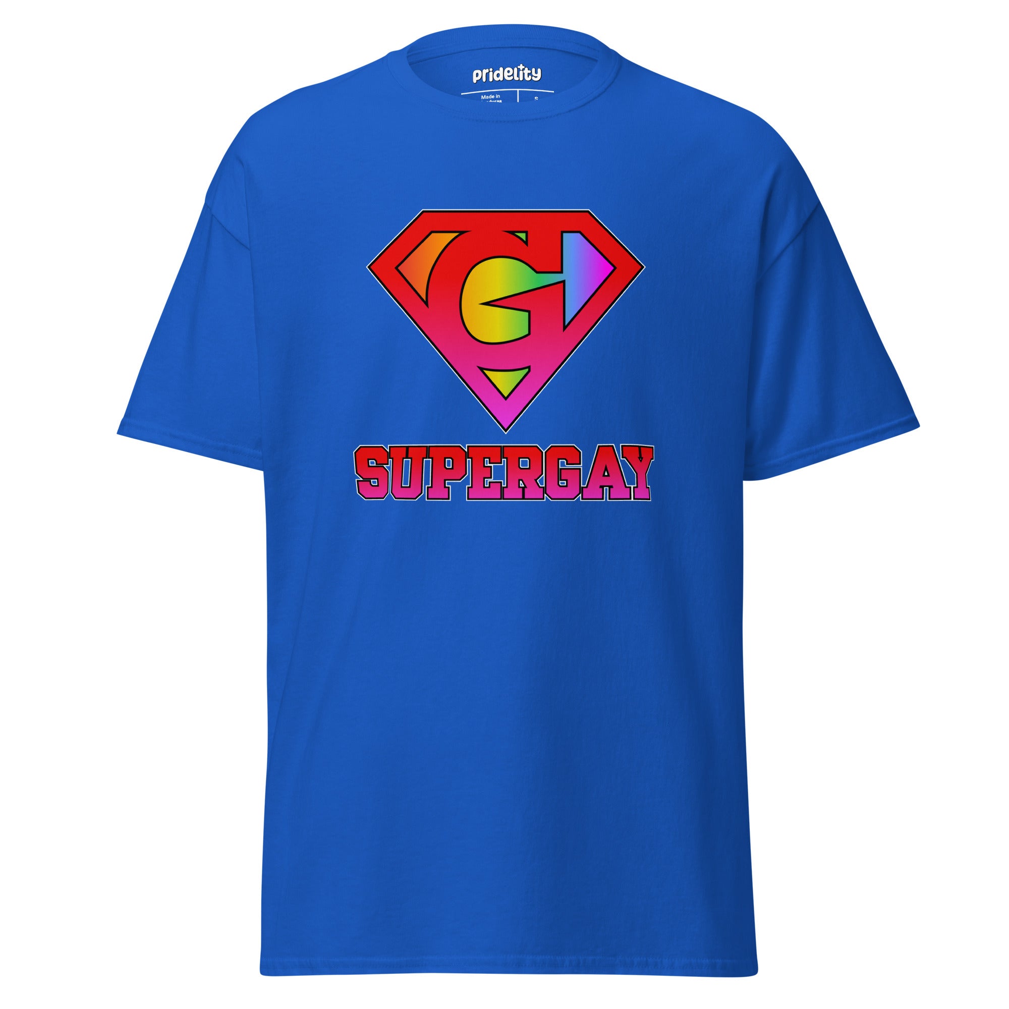 Pridelity's SuperGay T-Shirt in red showcases a rainbow-colored 