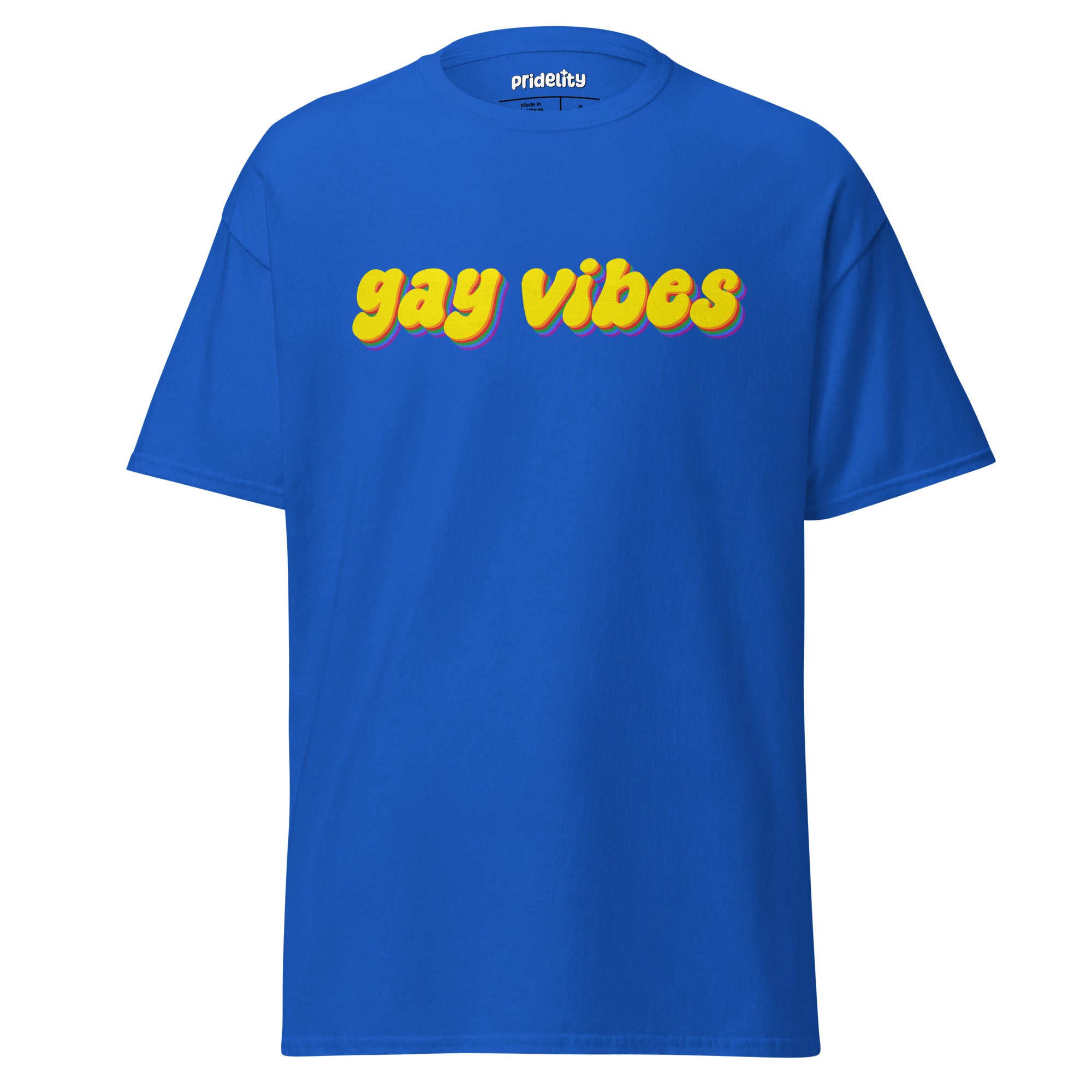 A gold Gay Vibes T-Shirt, crafted by Pridelity, features the bold and colorful 