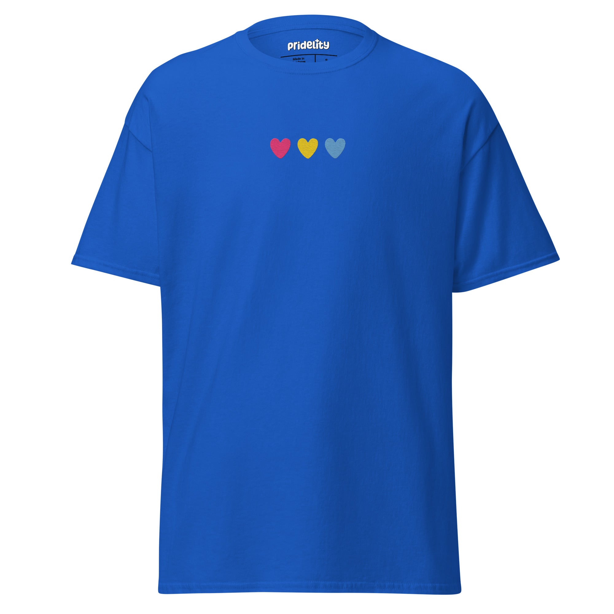 The Pan Love T-Shirt by Pridelity is a black shirt featuring three small hearts on the chest, displaying radiant pink, yellow, and blue colors.