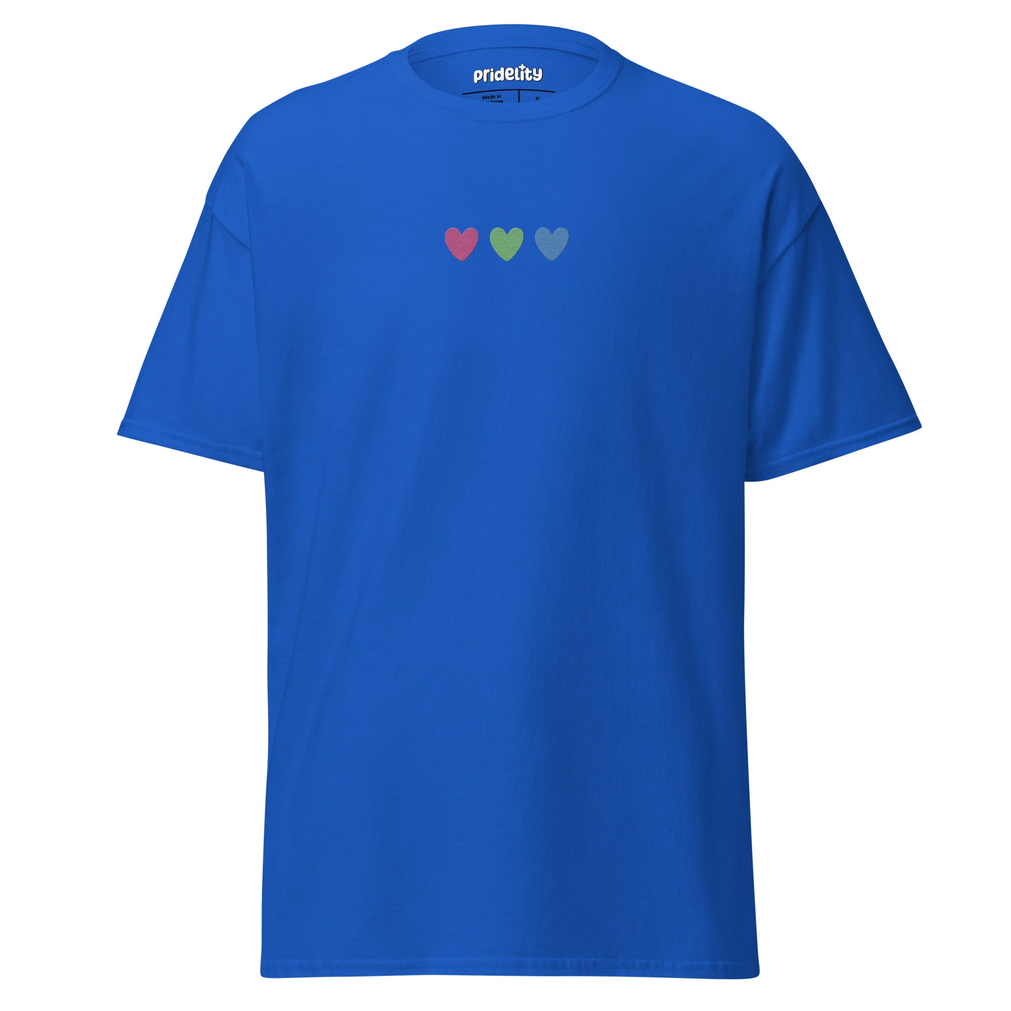 The Pridelity Polysexual Love T-Shirt is a plain white pride shirt adorned with three small heart symbols in pink, green, and blue across the chest.