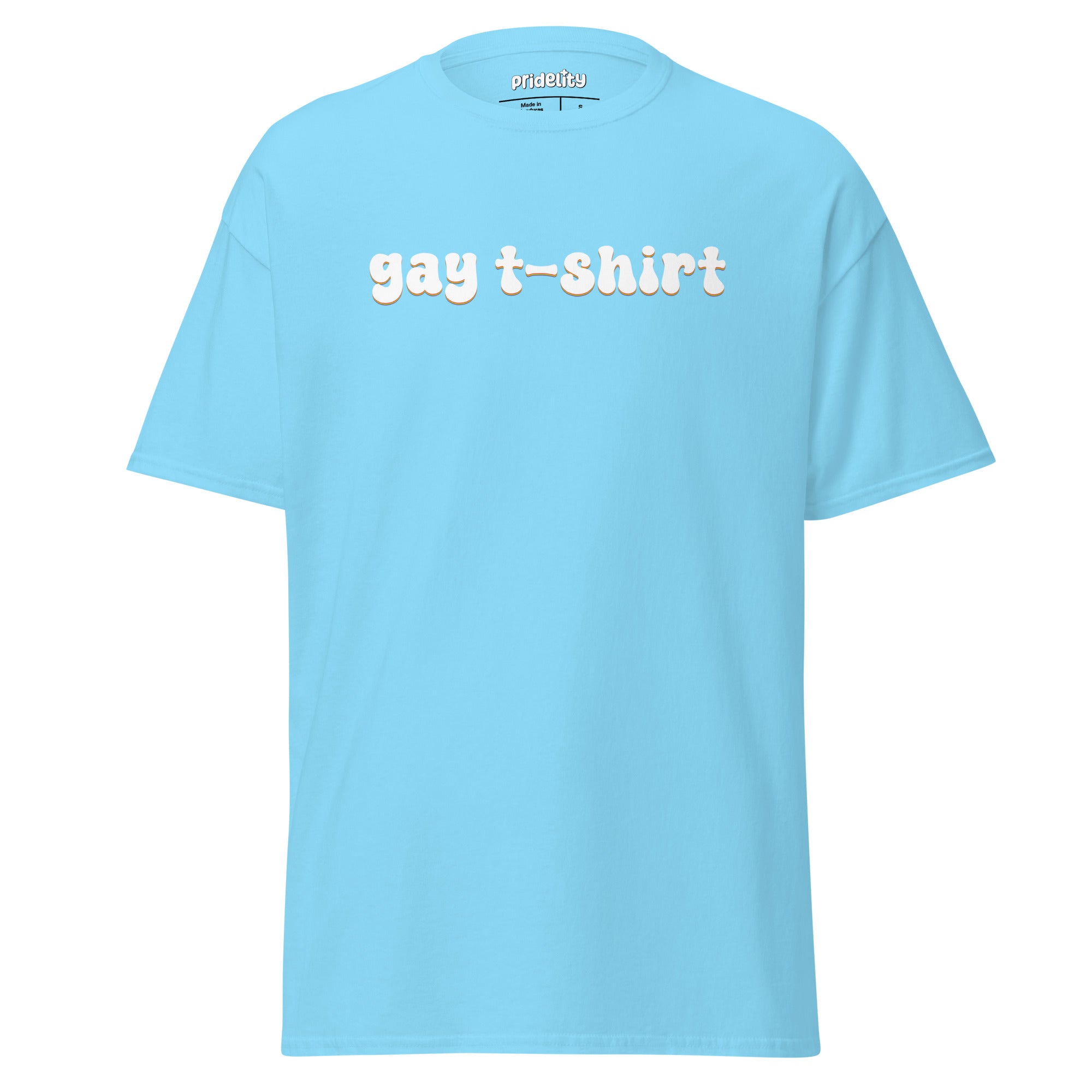 A pink T-shirt from Pridelity's Gay T-Shirt collection, adorned with the phrase 