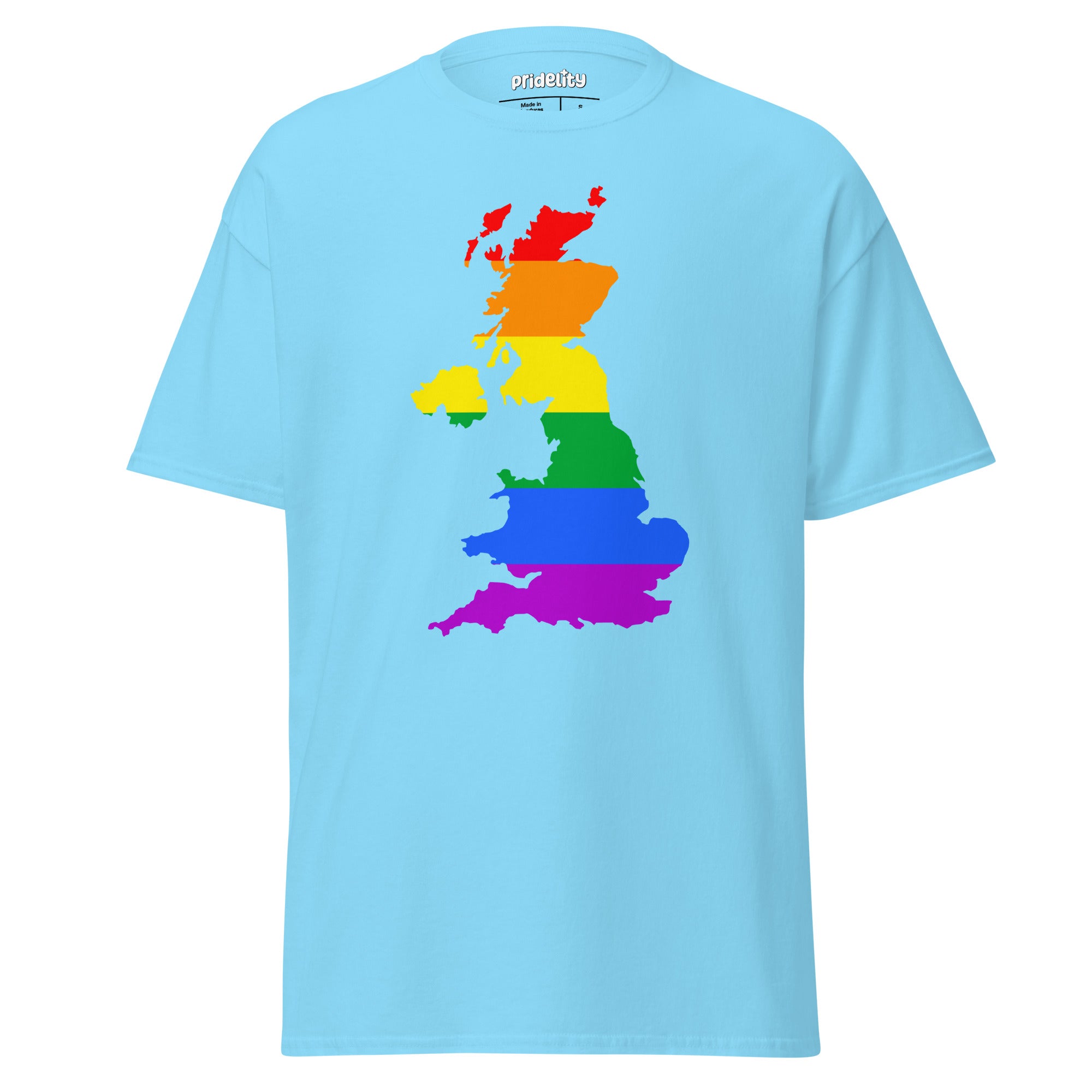 Introducing the British Isles Pride T-Shirt by Pridelity, a standout piece in our Pride Collections. This white t-shirt features a vibrant rainbow map of the United Kingdom, symbolizing LGBTQ+ pride.