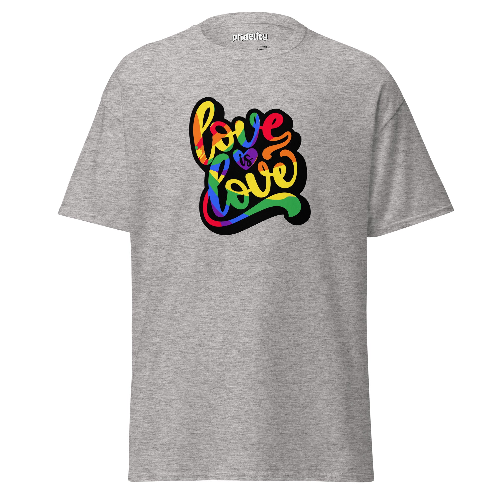 The Love Is Love T-Shirt by Pridelity is a royal blue shirt adorned with the vibrant, multicolored phrase 