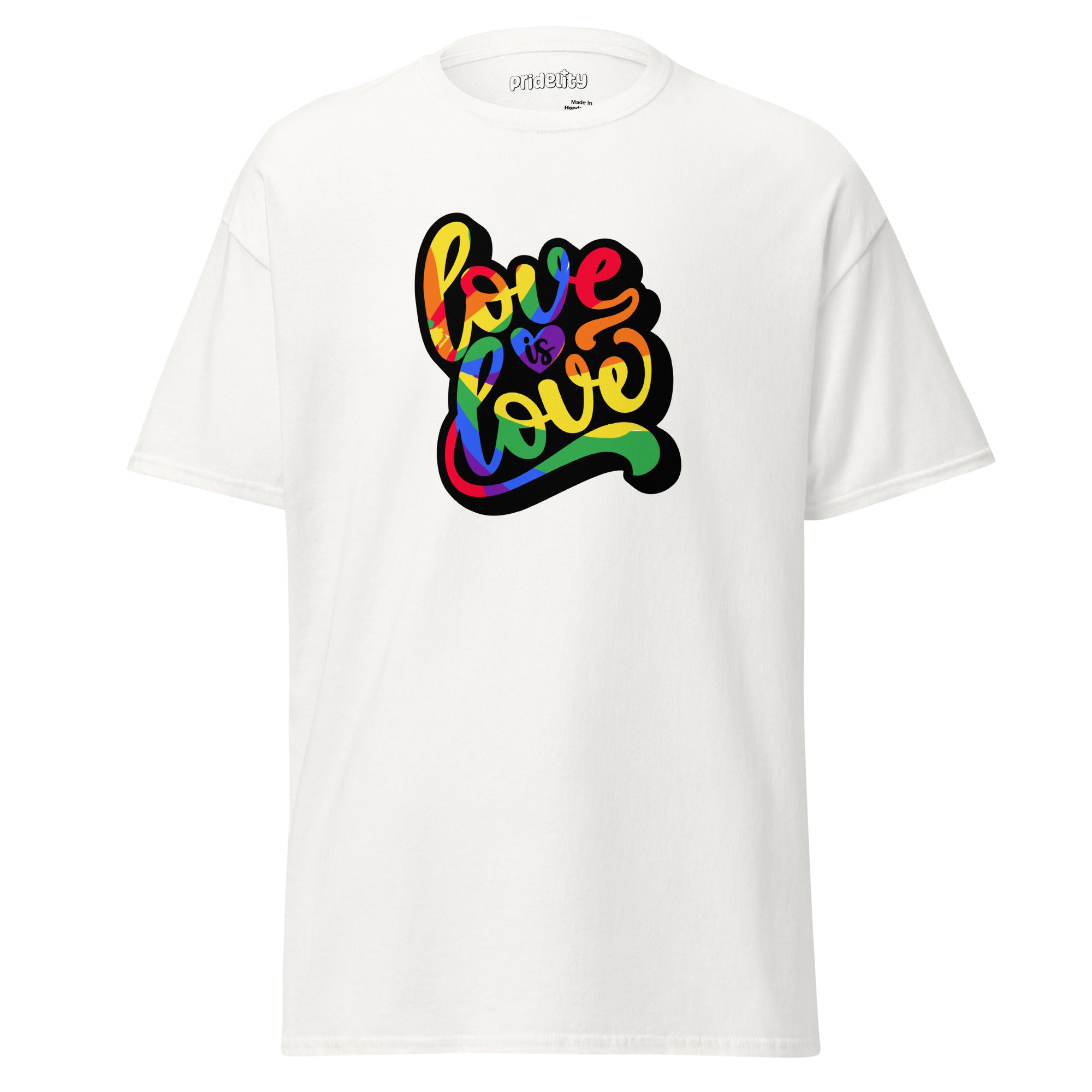 The Love Is Love T-Shirt by Pridelity is a royal blue shirt adorned with the vibrant, multicolored phrase 