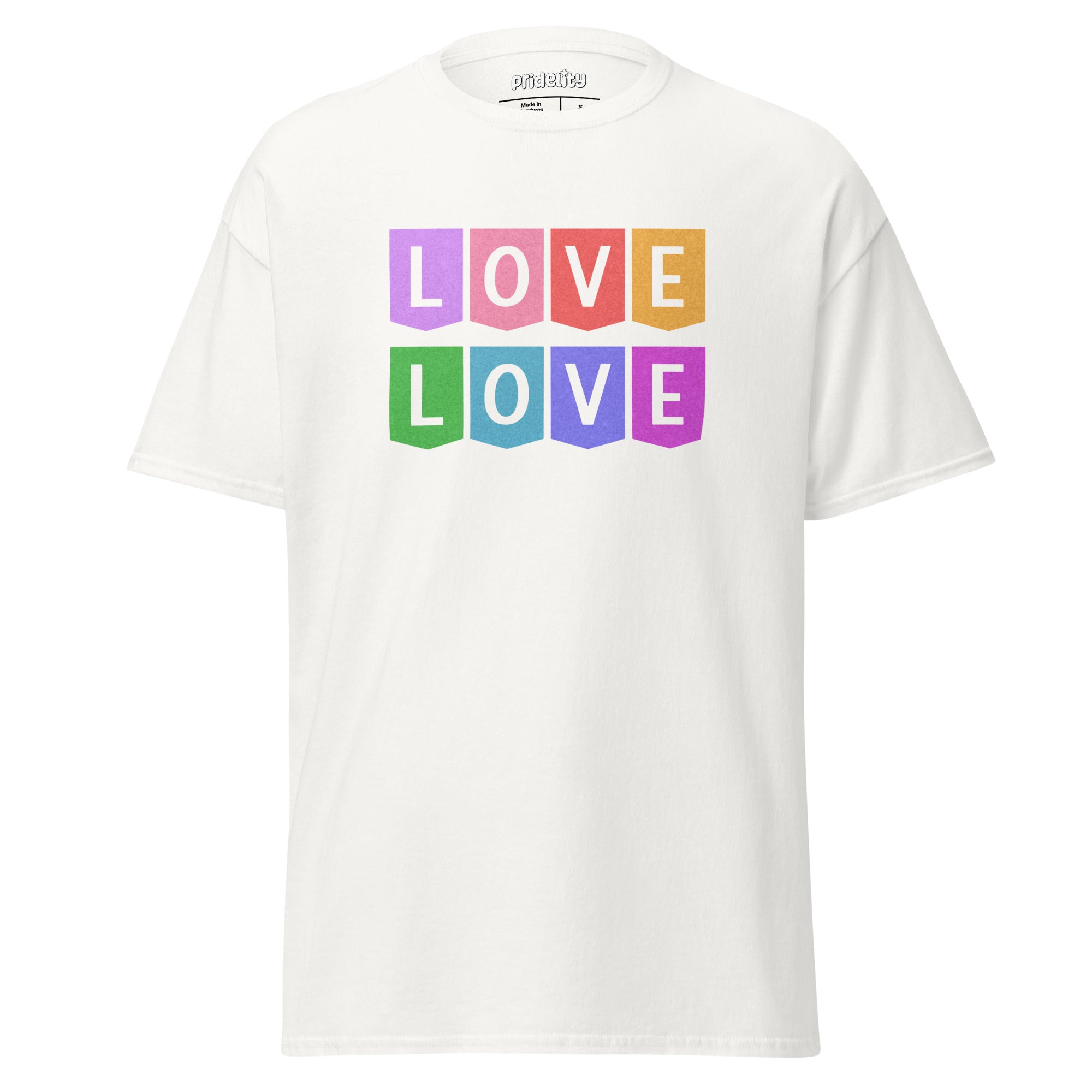 Introducing the Love Love T-Shirt by Pridelity: a striking black pride shirt adorned with 