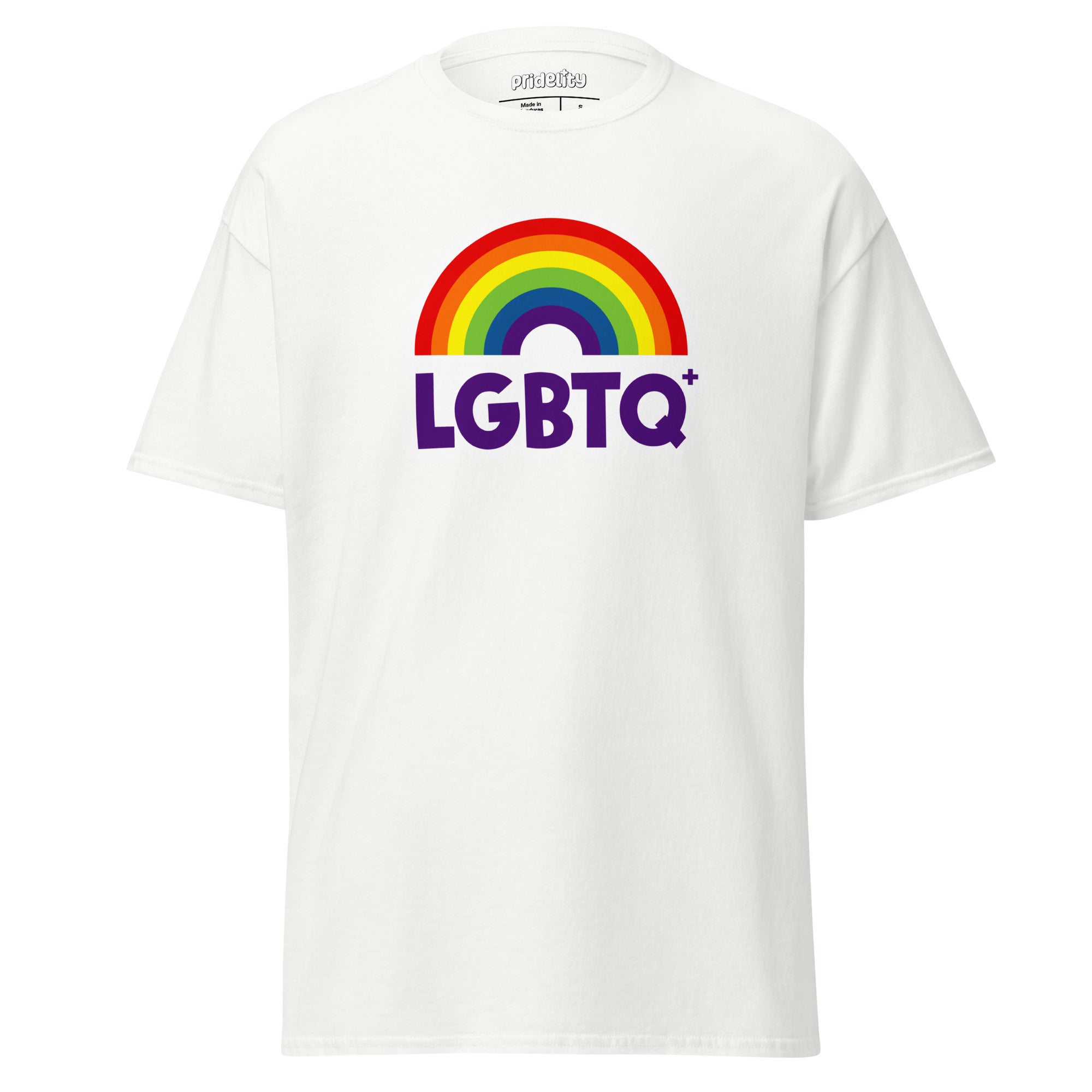 Introducing the Pridelity LGBTQ+ Rainbow T-Shirt: a black shirt adorned with a vibrant rainbow arching over bold, colorful 