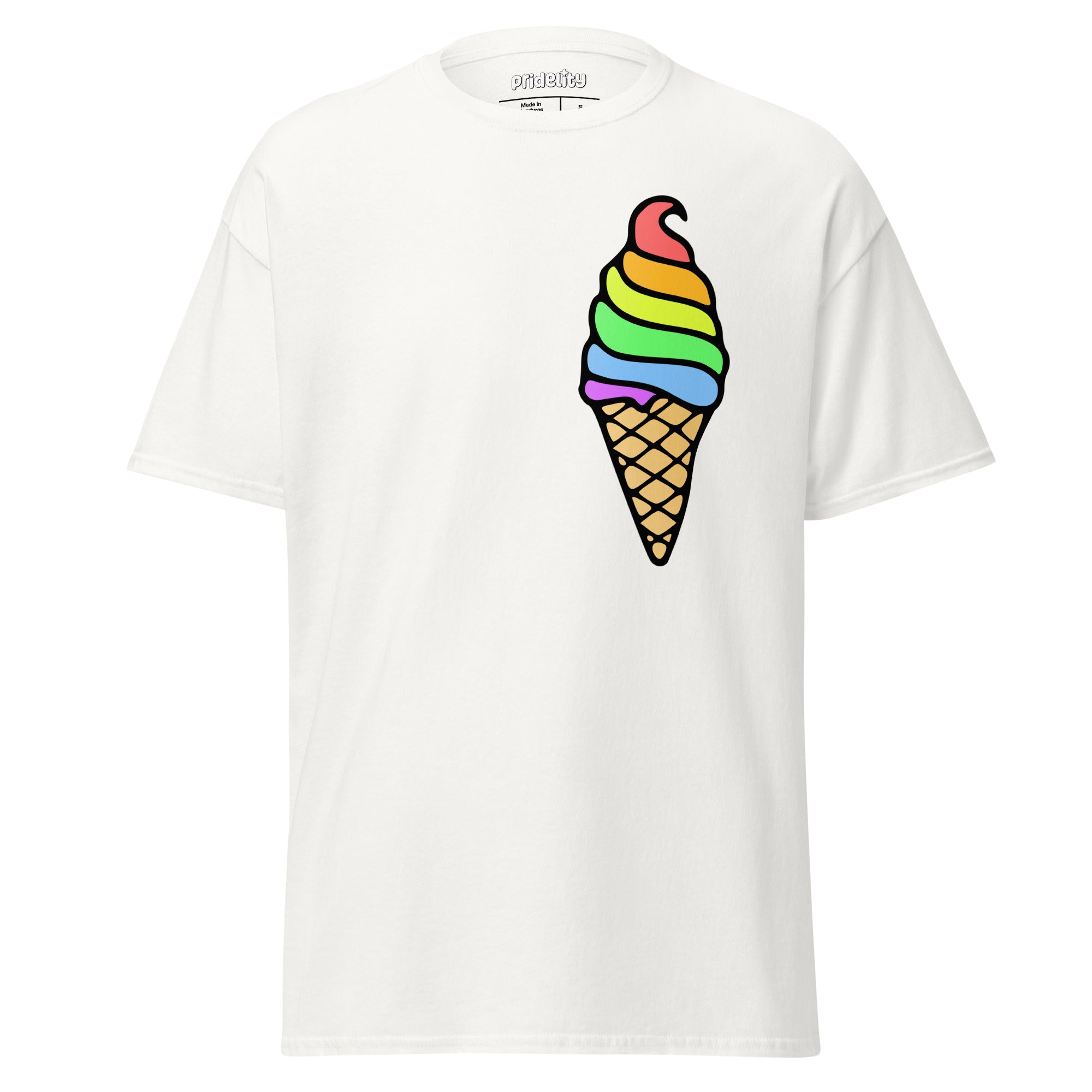 A Pride Ice Cream T-Shirt from Pridelity, featuring a gold base adorned with a vibrant ice cream cone design on the front. The ice cream swirls in rainbow colors, celebrating diversity, while the cone displays a traditional waffle pattern.