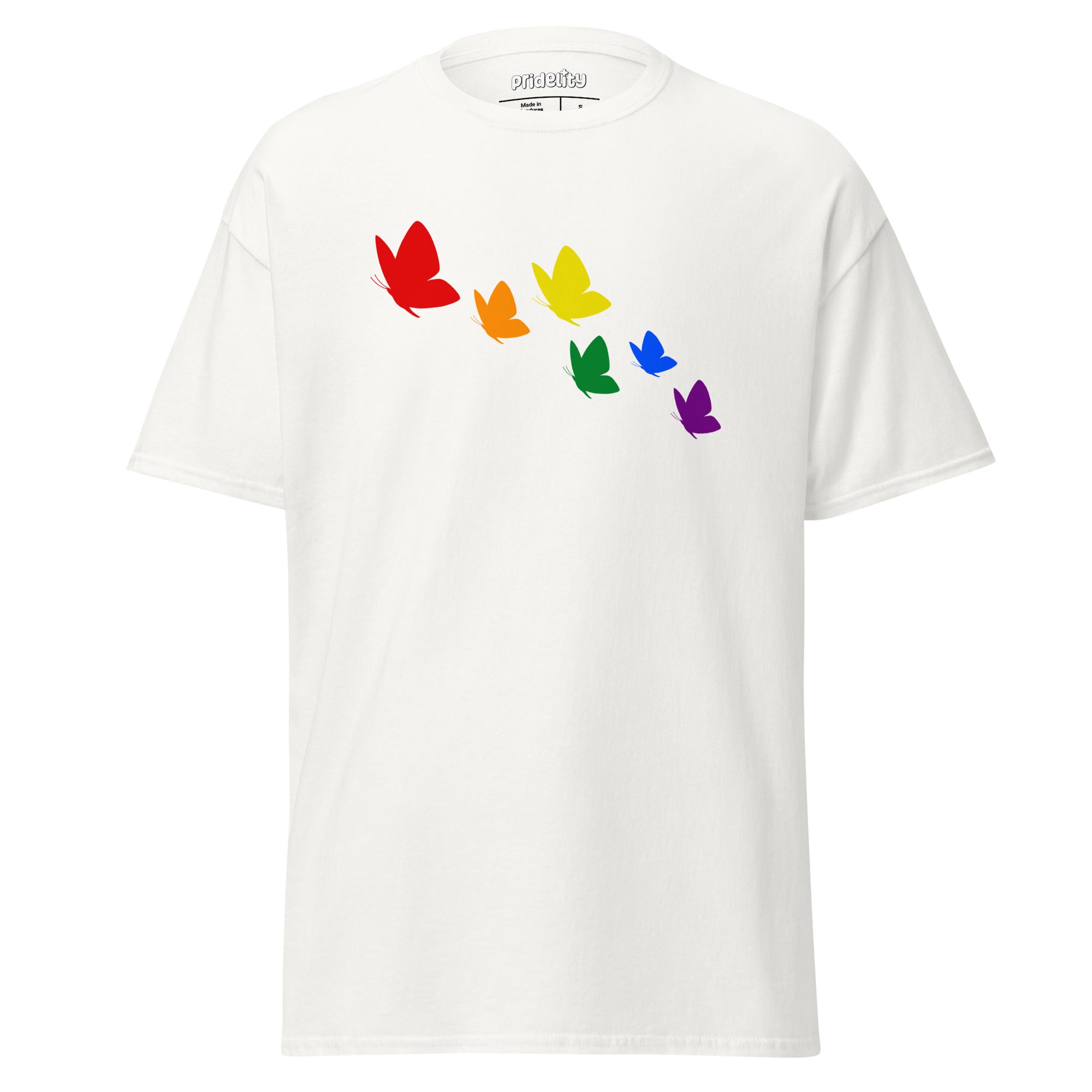 The Rainbow Butterflies T-Shirt from Pridelity features a vibrant design on a black tee, displaying six butterflies arranged in a diagonal pattern, each showcasing one of the rainbow colors—red, orange, yellow, green, blue, and purple.